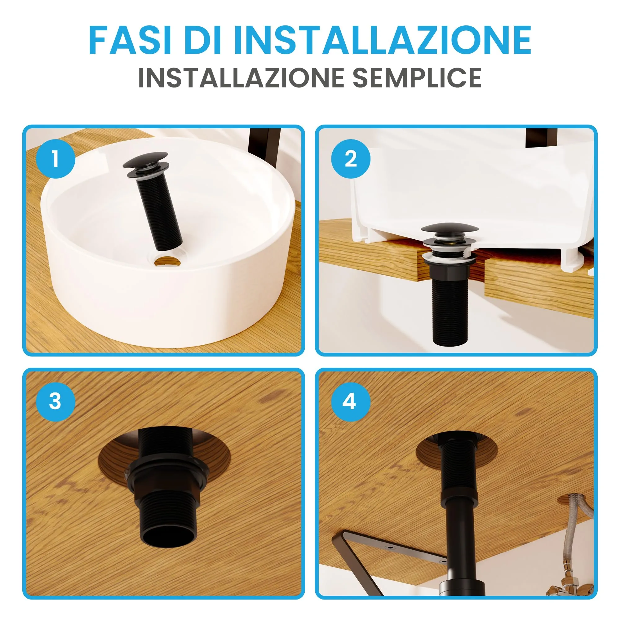 Bächlein Sifone di scarico universale extra lungo senza troppopieno, valvola pop up per lavabo, nero opaco - immagine 4