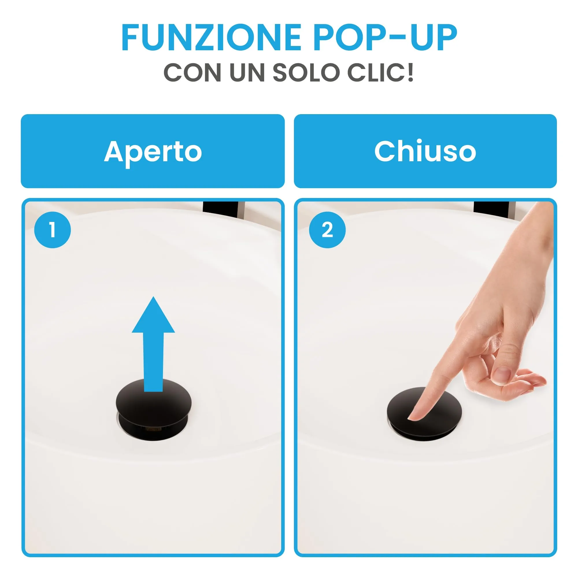 Bächlein Sifone di scarico universale extra lungo senza troppopieno, valvola pop up per lavabo, nero opaco - immagine 5