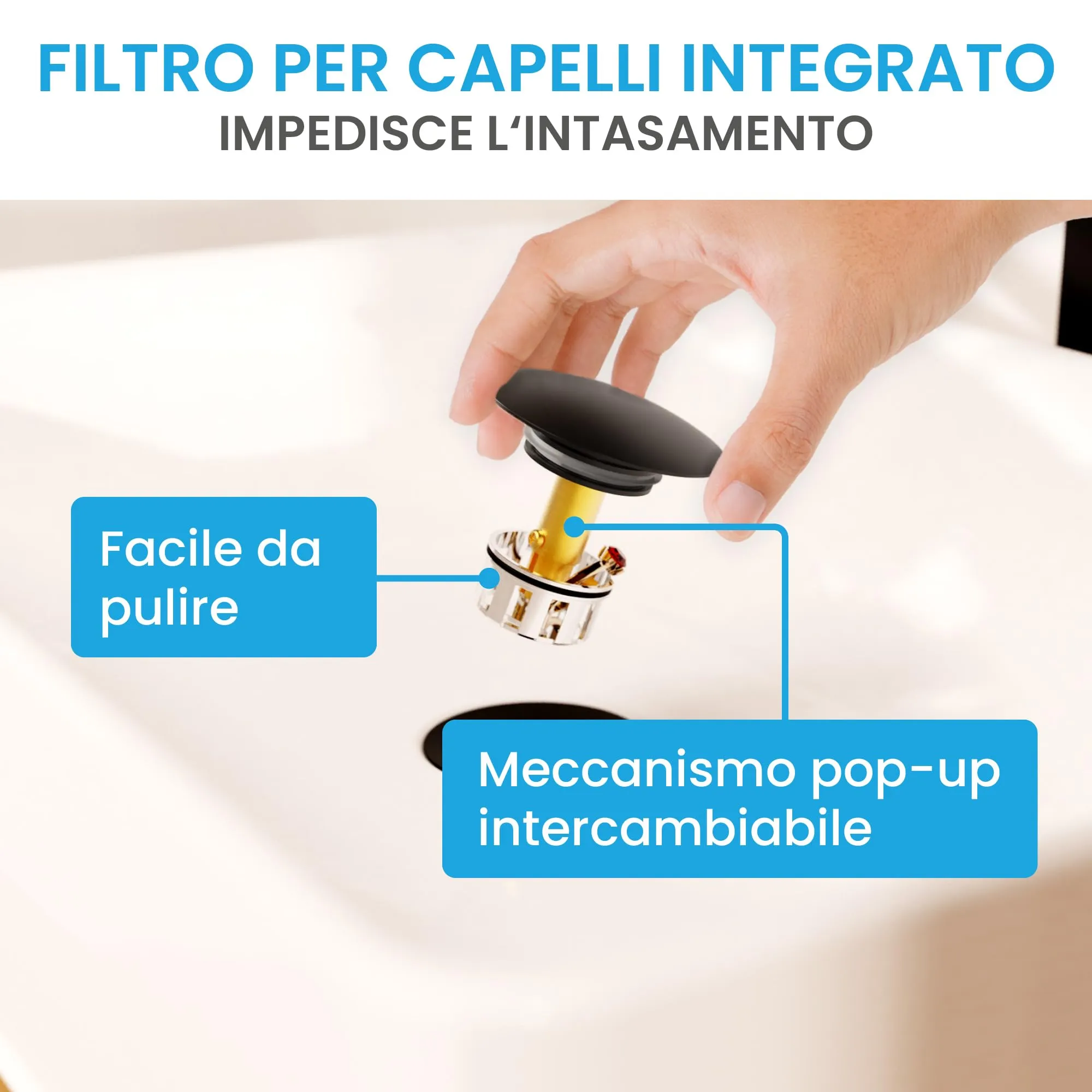 Bächlein Sifone di scarico universale extra lungo senza troppopieno, valvola pop up per lavabo, nero opaco - immagine 6