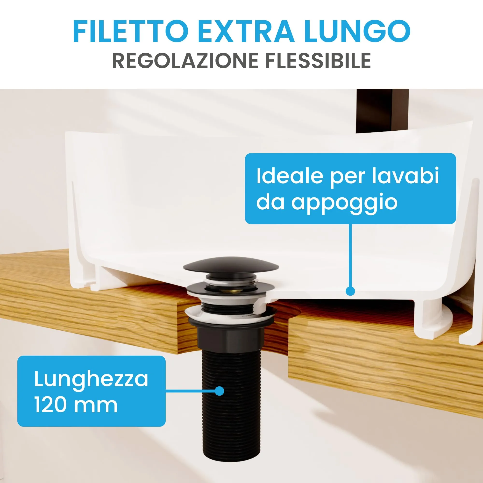 Bächlein Sifone di scarico universale extra lungo senza troppopieno, valvola pop up per lavabo, nero opaco - immagine 7