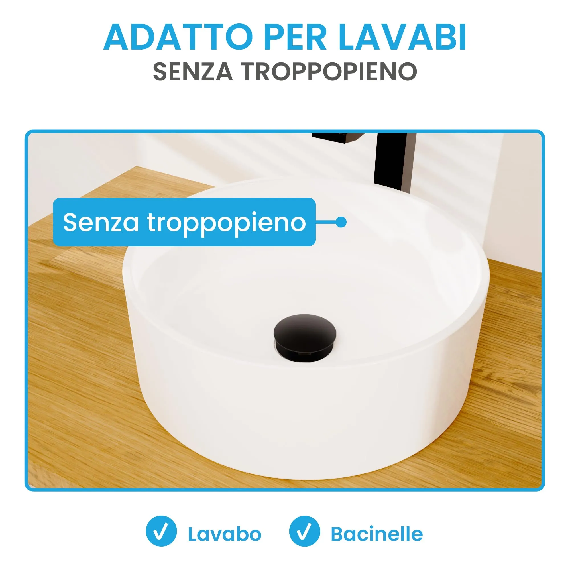Bächlein Sifone di scarico universale extra lungo senza troppopieno, valvola pop up per lavabo, nero opaco - immagine 8