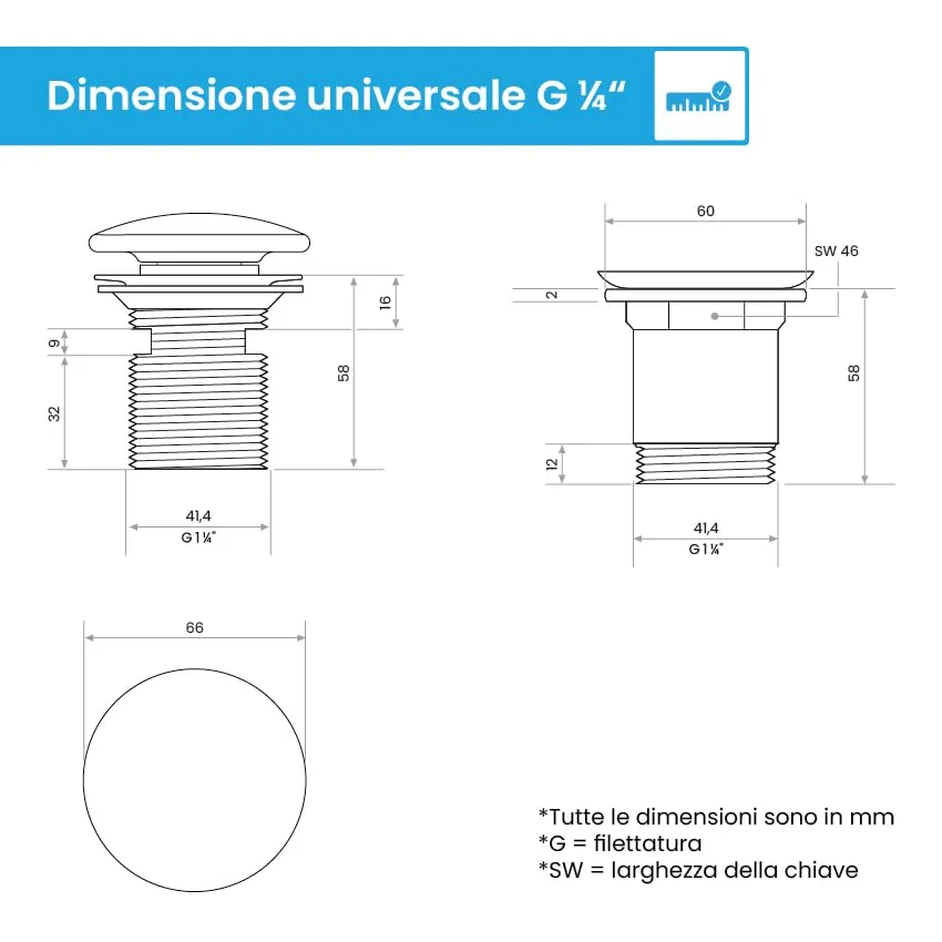 Bächlein Tubo di scarico universale senza troppopieno per lavabo e lavandino, valvola pop up in ottone - immagine 3