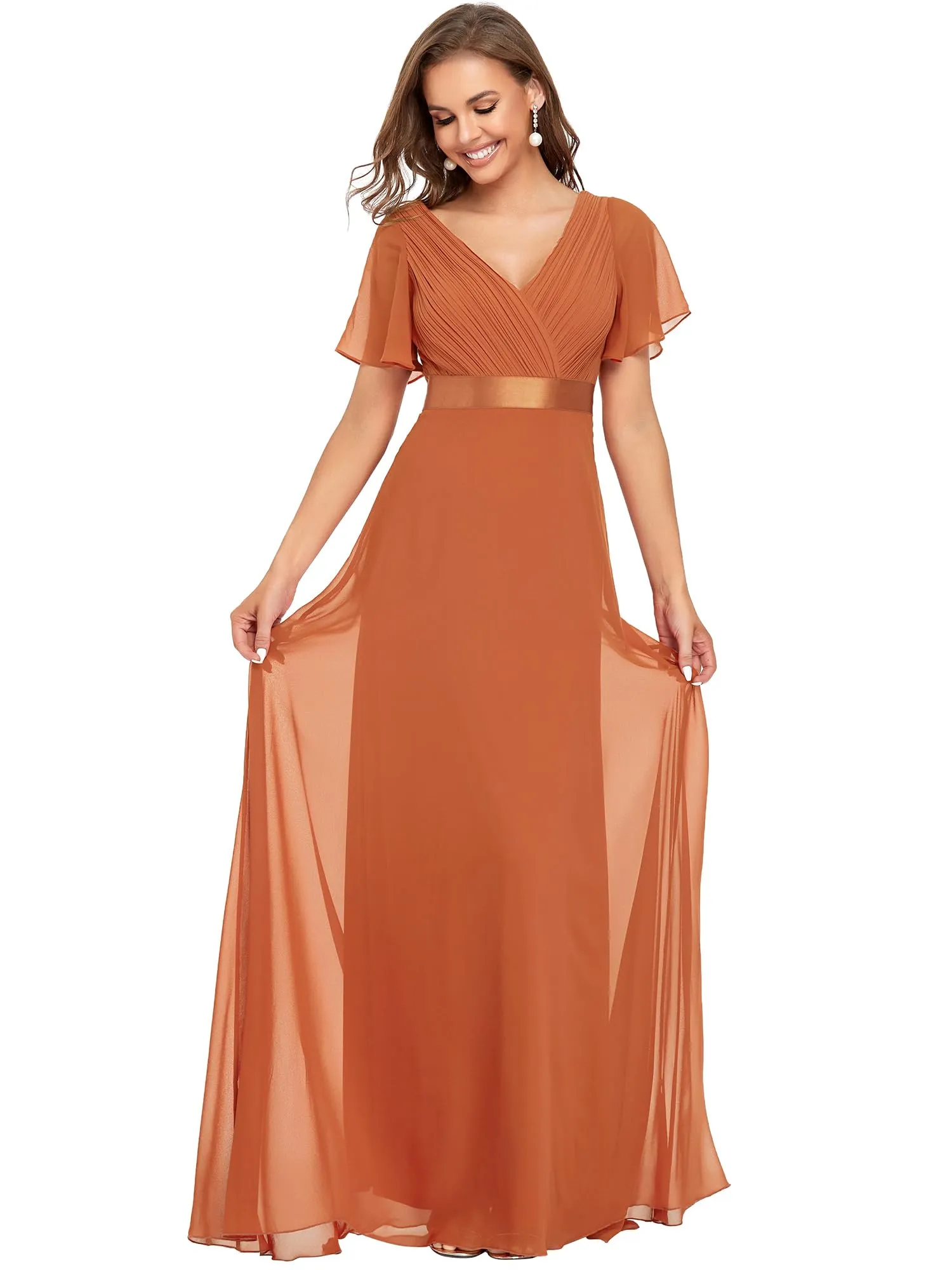 Ever-Pretty Vestito da Cerimonia Donna Scollo a V Linea ad A con Spacco Melone al Brandy 54 - immagine 1
