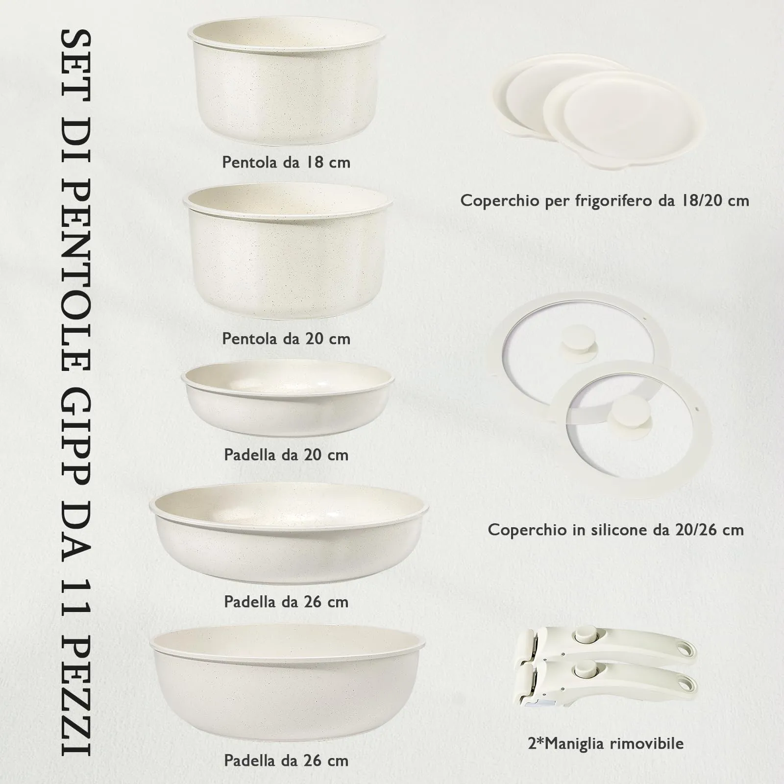 GiPP Set di Padelle Antiaderente 11 Pezzi, Compatibile Induzione, Bianco - immagine 2