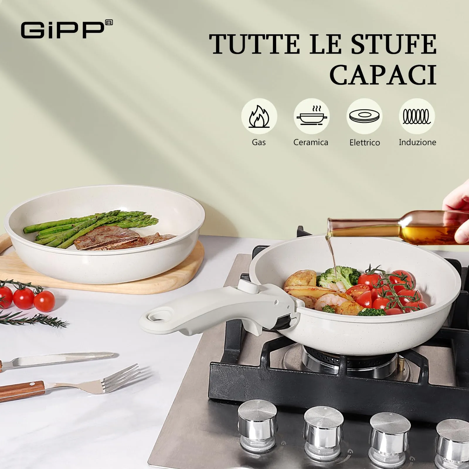 GiPP Set di Padelle Antiaderente 11 Pezzi, Compatibile Induzione, Bianco - immagine 3