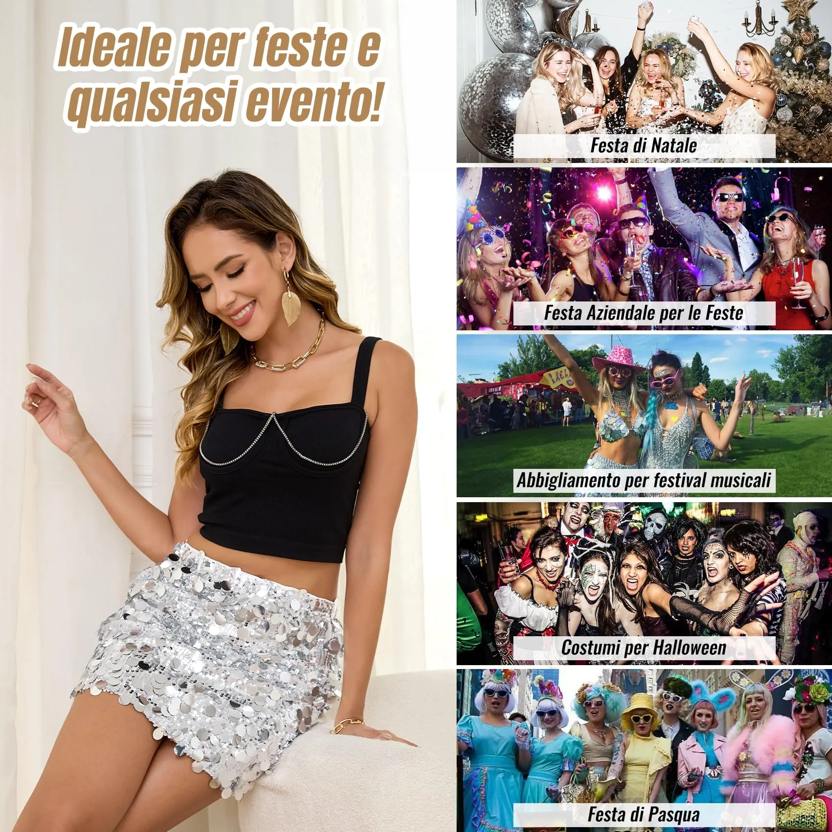 LEACOOLKEY Gonna con Paillettes per Donna Mini Bodycon Elastica Argento - immagine 5