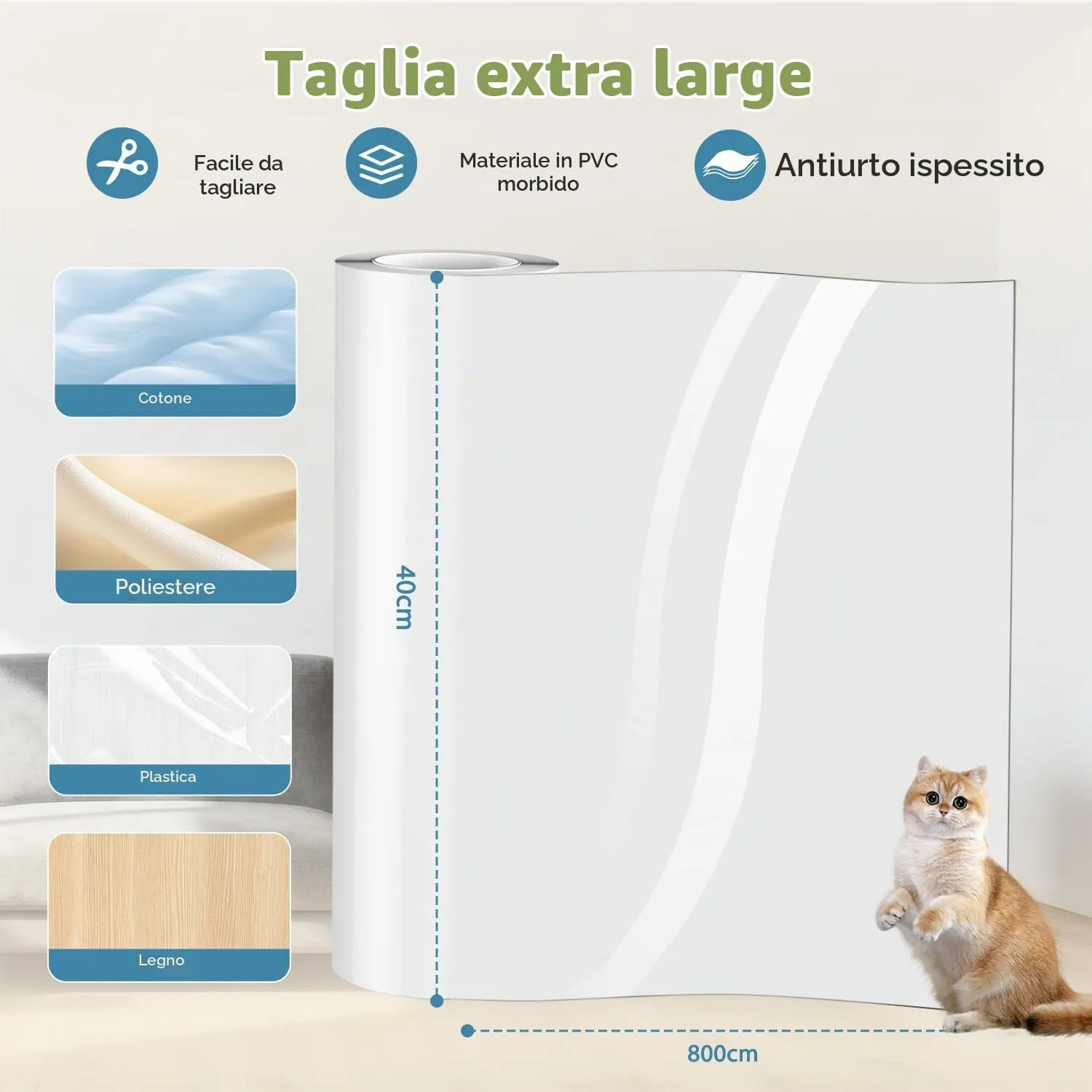 Lovcoyo Protezione Divano Antigraffio per Gatti in PVC, 40x800cm, Trasparente - immagine 2