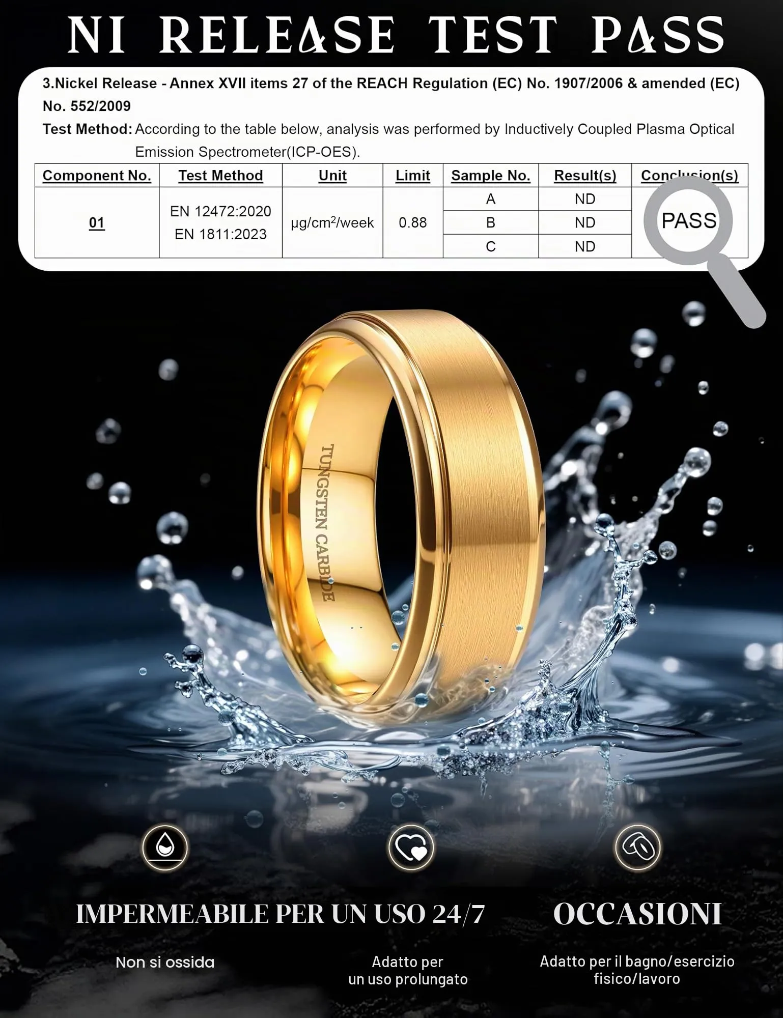 CASSIECA Anello Uomo in Tungsteno Oro, 8mm, Dimensione 57 - immagine 5