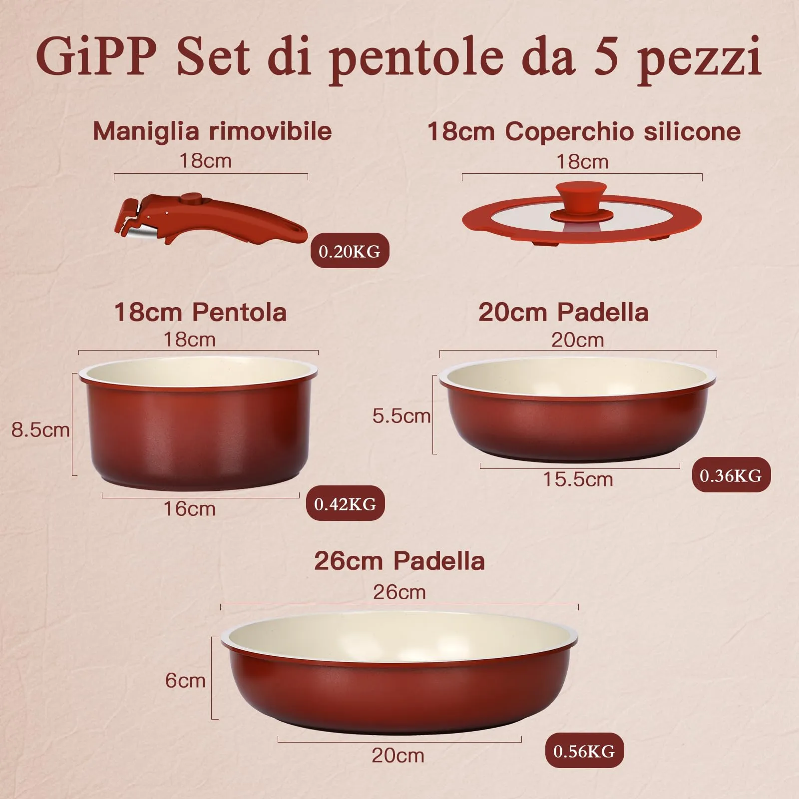 GiPP Set di Padelle Antiaderente 5 Pezzi, Compatibile Induzione, Rossa - immagine 2