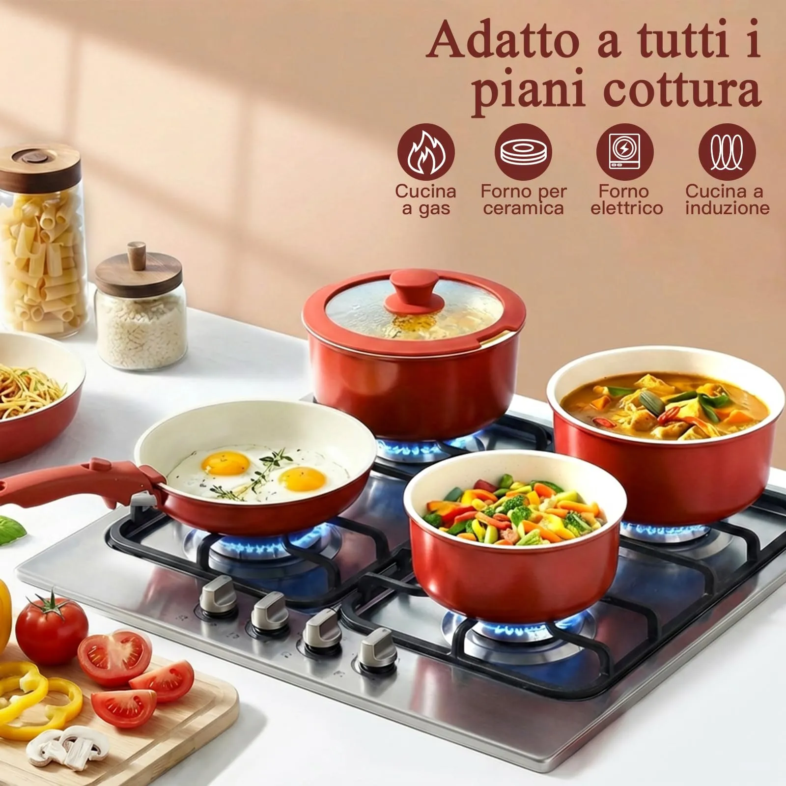 GiPP Set di Padelle Antiaderente 5 Pezzi, Compatibile Induzione, Rossa - immagine 3