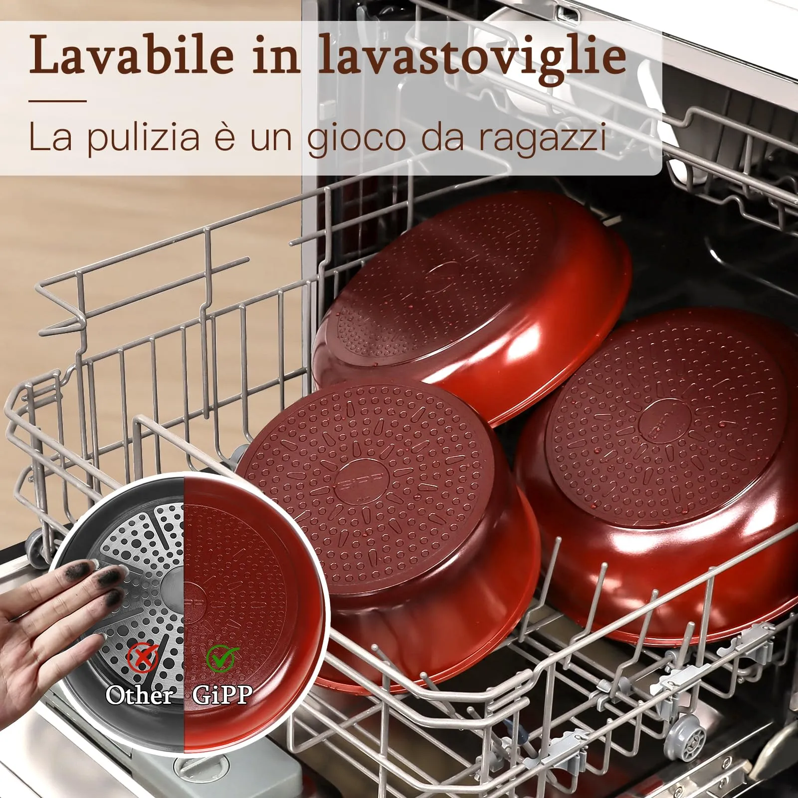 GiPP Set di Padelle Antiaderente 5 Pezzi, Compatibile Induzione, Rossa - immagine 4