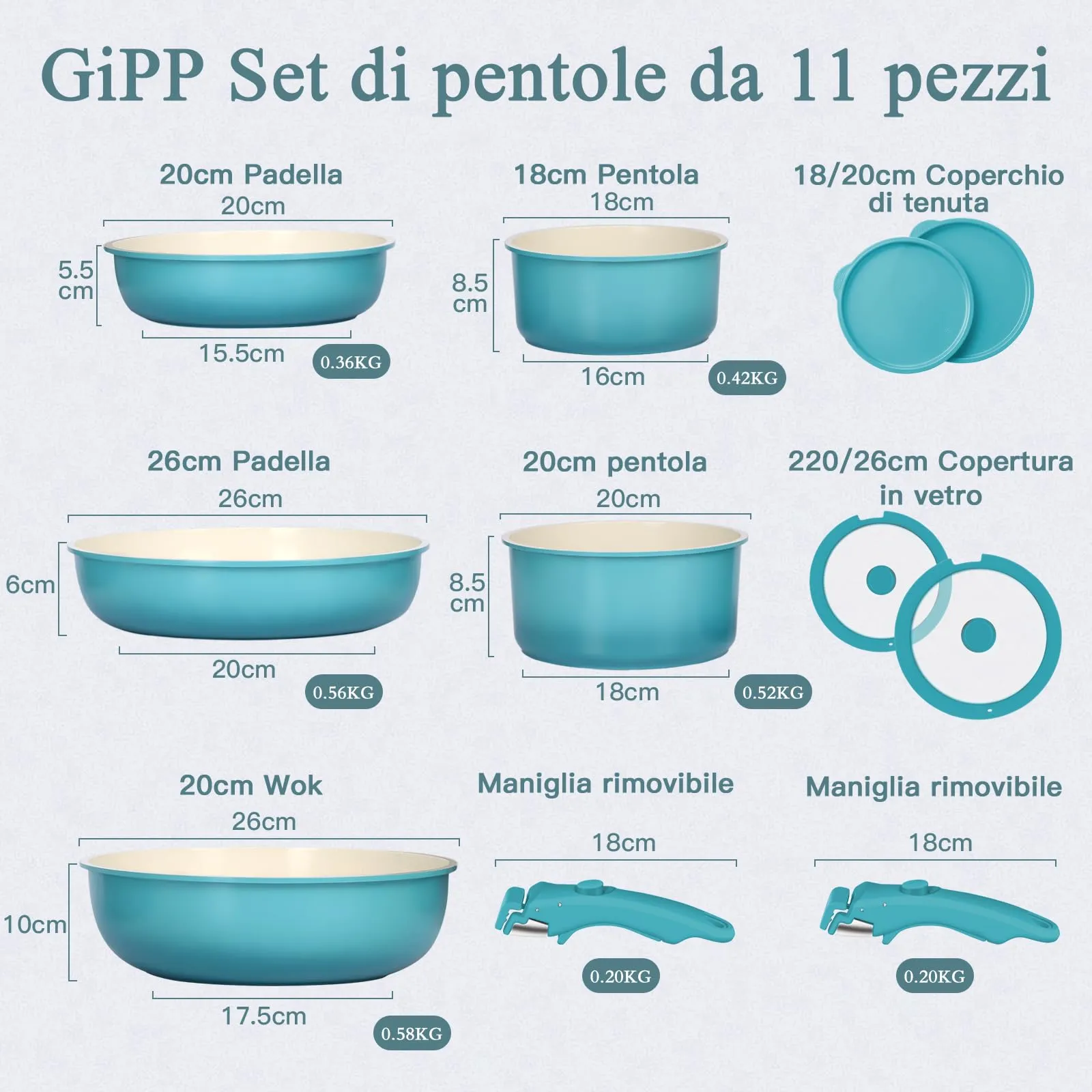 GiPP Set di Padelle Antiaderenti con Manici Rimovibili, 11 Pezzi, Compatibile Induzione, Blu - immagine 2