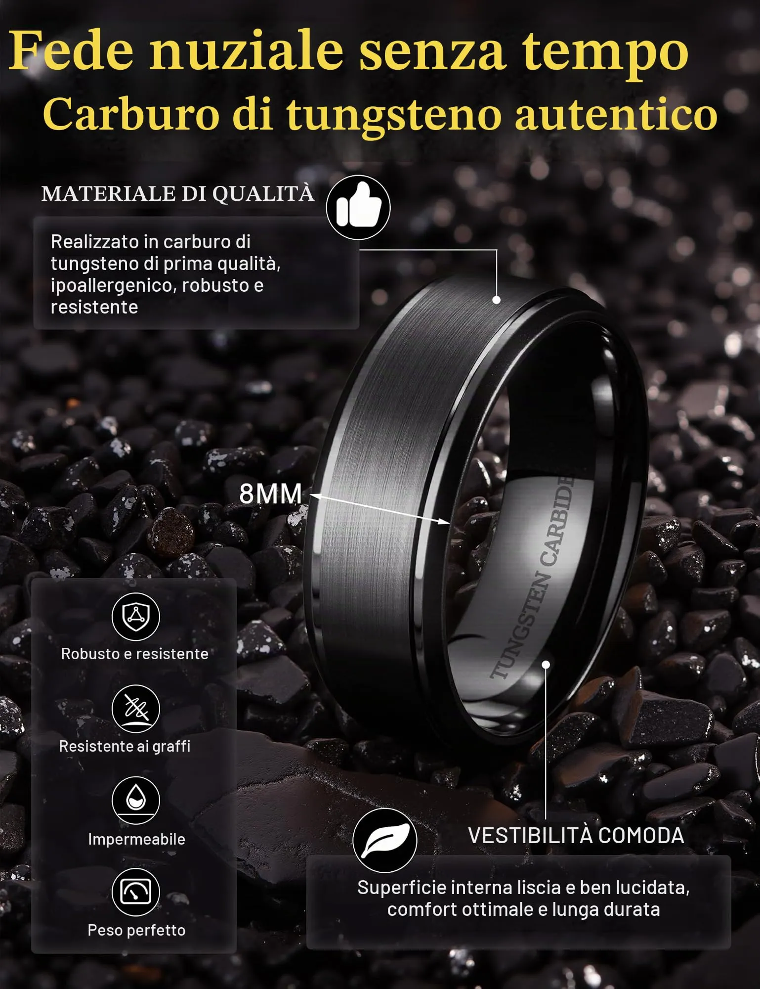 CASSIECA Anello Uomo in Tungsteno Nero, 8mm, Dimensione 57 - immagine 2