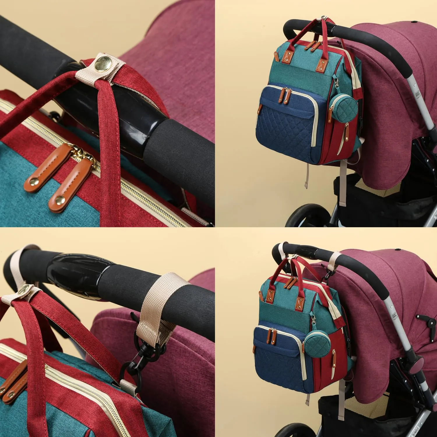 Fexkean Zaino Multifunzionale Cambio Pannolino Impermeabile con Letto Pieghevole, Verde - immagine 4