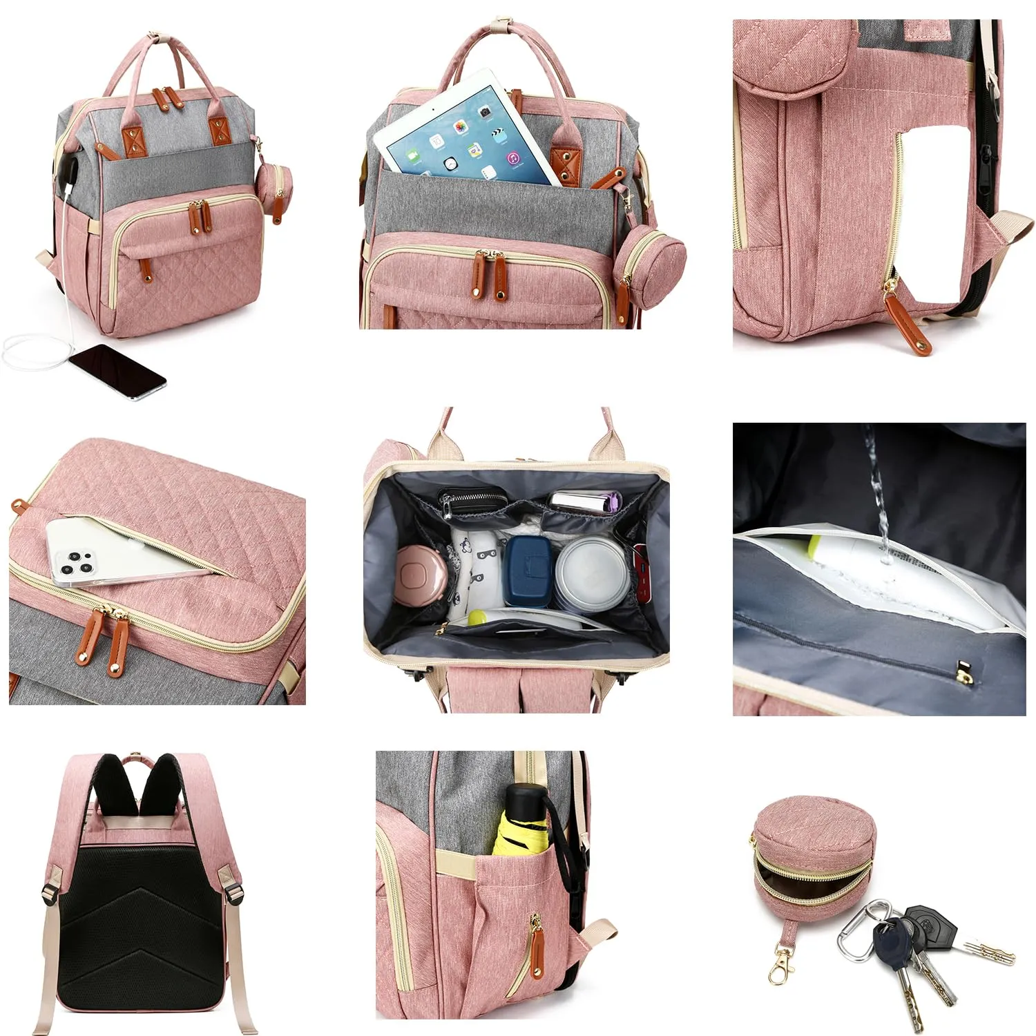 Fexkean Zaino Multifunzionale per Cambio Pannolino Impermeabile con Fasciatoio Pieghevole (3037-Rosa&Grigio) - immagine 3