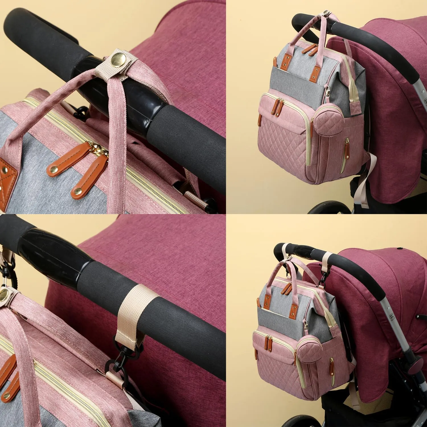 Fexkean Zaino Multifunzionale per Cambio Pannolino Impermeabile con Fasciatoio Pieghevole (3037-Rosa&Grigio) - immagine 4