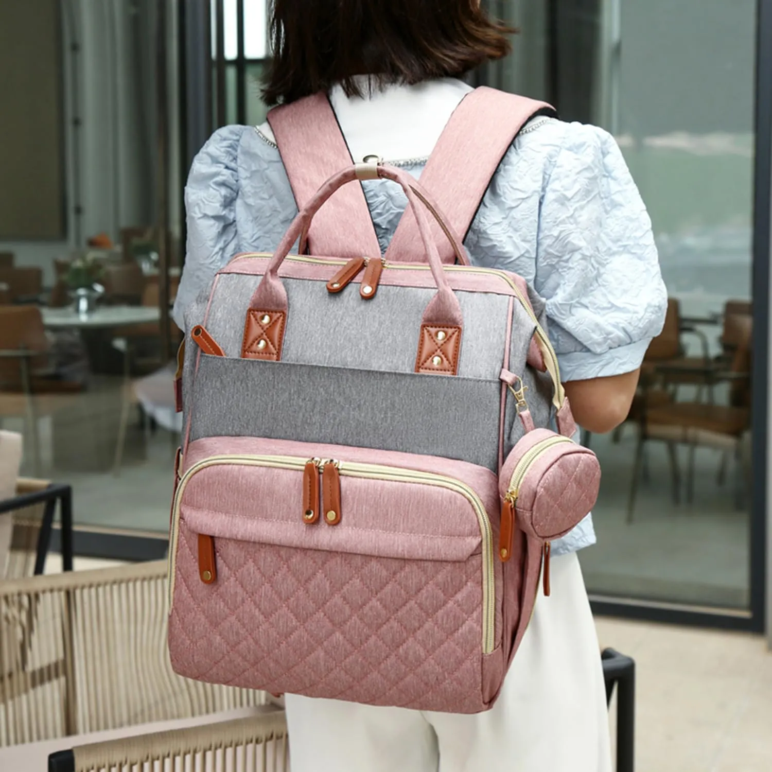 Fexkean Zaino Multifunzionale per Cambio Pannolino Impermeabile con Fasciatoio Pieghevole (3037-Rosa&Grigio) - immagine 6