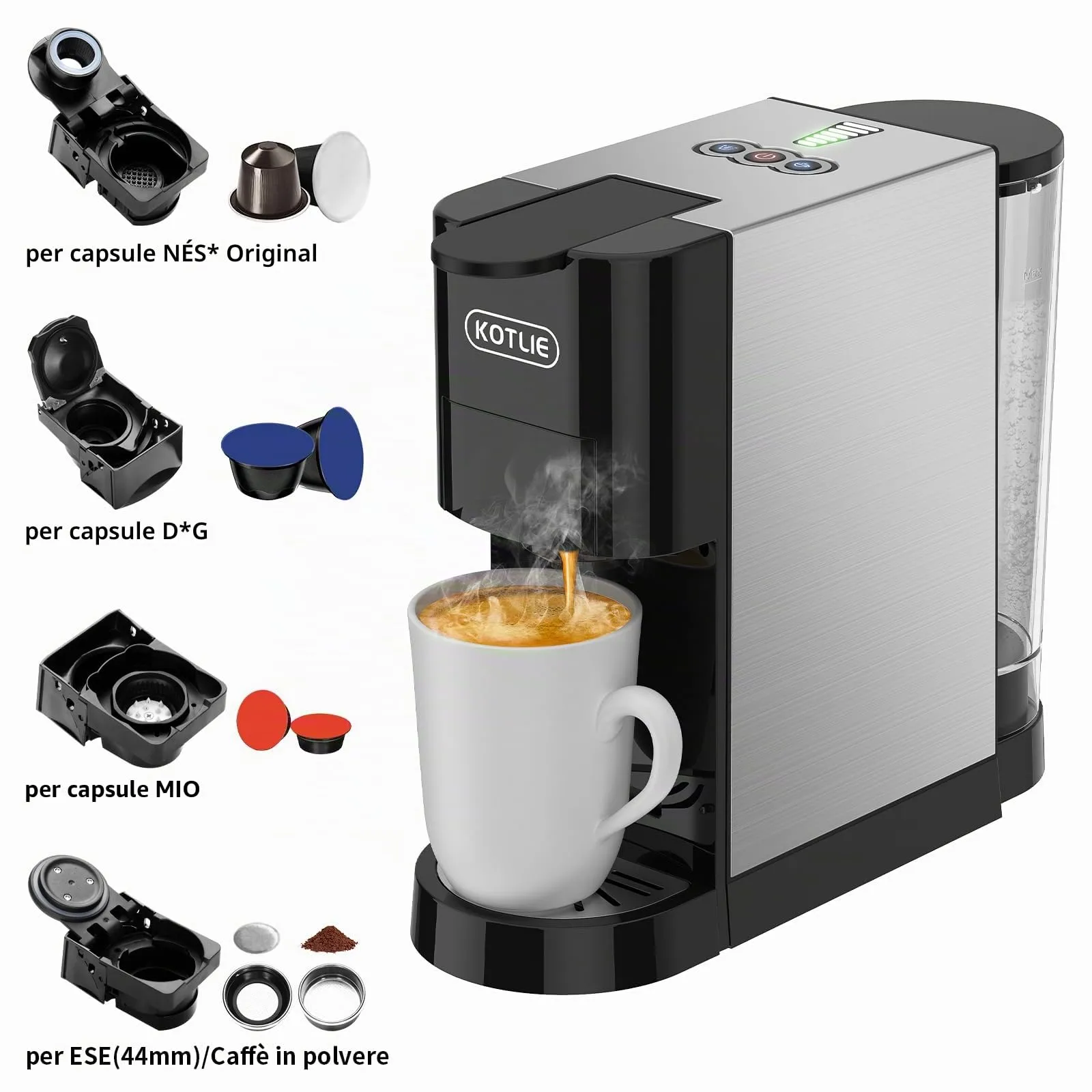 KOTLIE AC-513HF Macchina da caffè multifunzione 5 in 1 per Nespresso, Dolce Gusto, Caffè in polvere, ESE (44 mm) e Mio Capsule, Nero - immagine 2