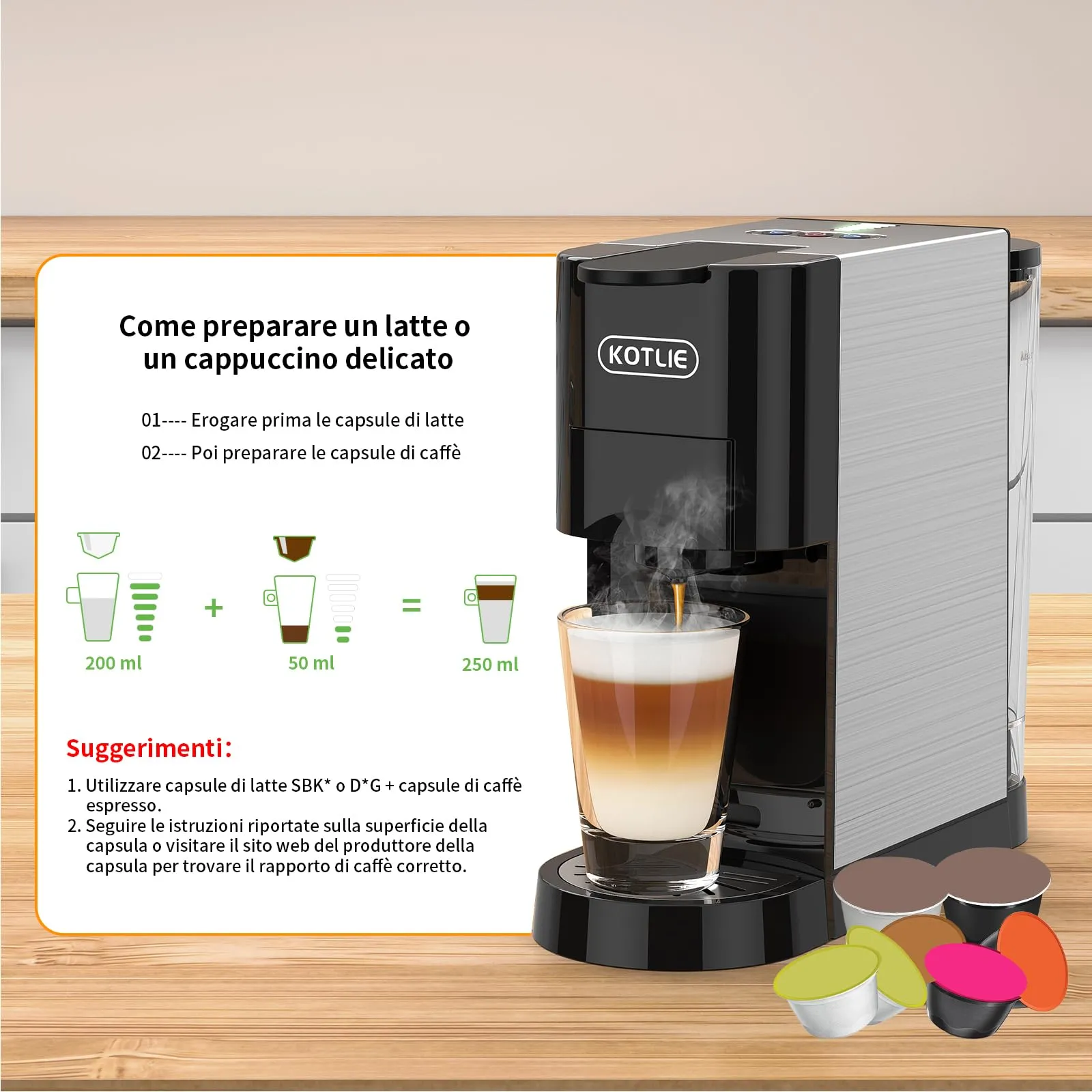 KOTLIE AC-513HF Macchina da caffè multifunzione 5 in 1 per Nespresso, Dolce Gusto, Caffè in polvere, ESE (44 mm) e Mio Capsule, Nero - immagine 4