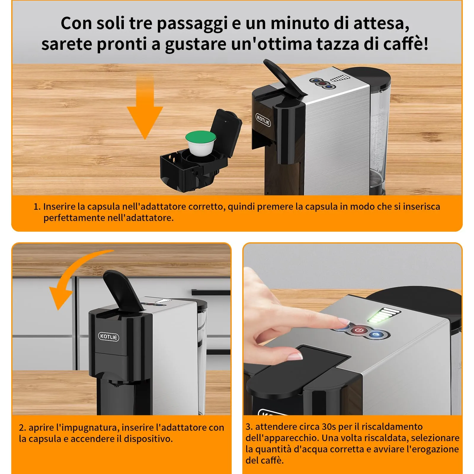 KOTLIE AC-513HF Macchina da caffè multifunzione 5 in 1 per Nespresso, Dolce Gusto, Caffè in polvere, ESE (44 mm) e Mio Capsule, Nero - immagine 5