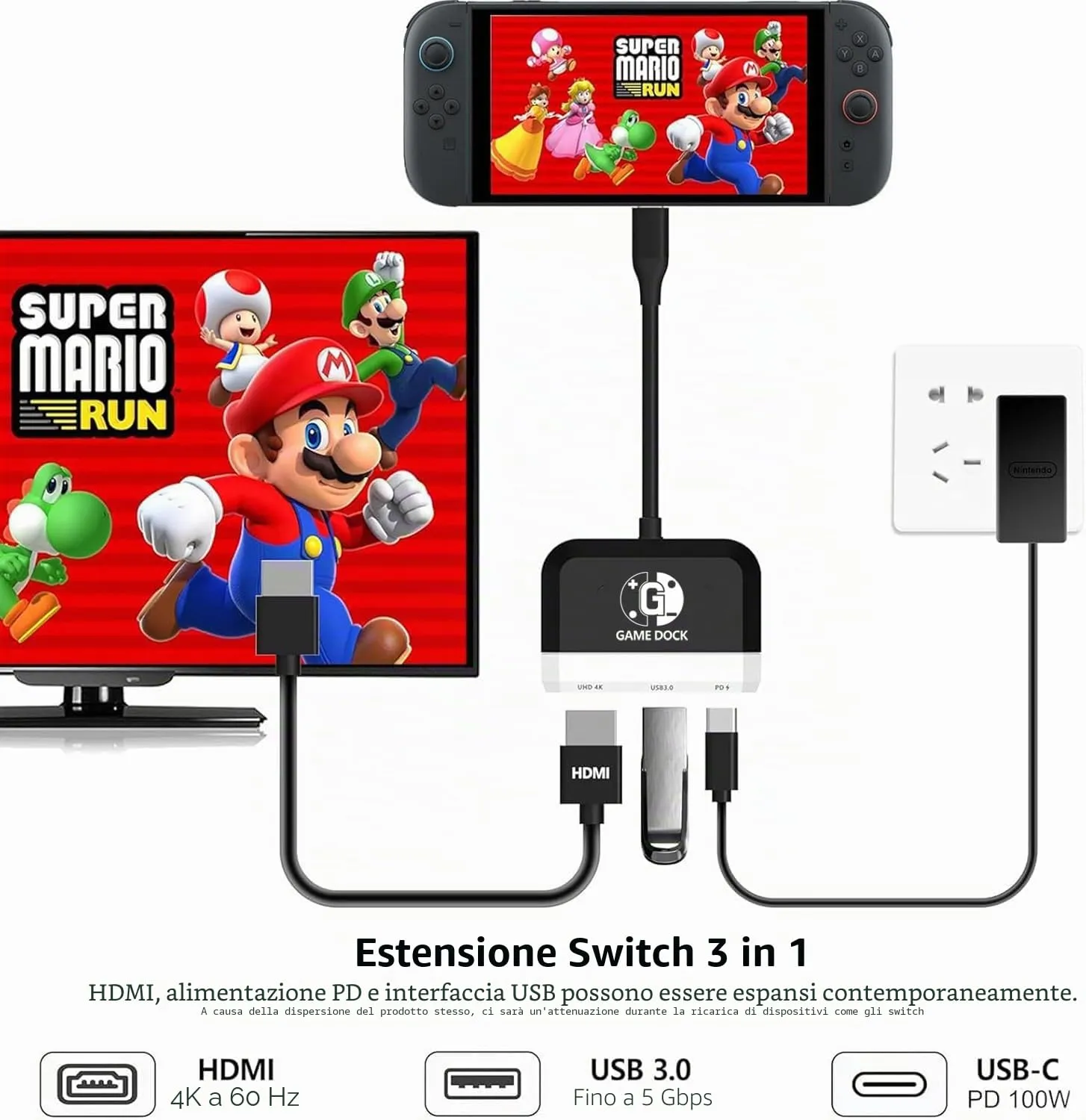 GKEAPZA Switch Dock per Nintendo Switch e OLED, Adattatore TV 3 in 1 con 4K HDMI, USB 3.0 e Type C 100W PD, Docking Station Portatile (Nero) - immagine 2