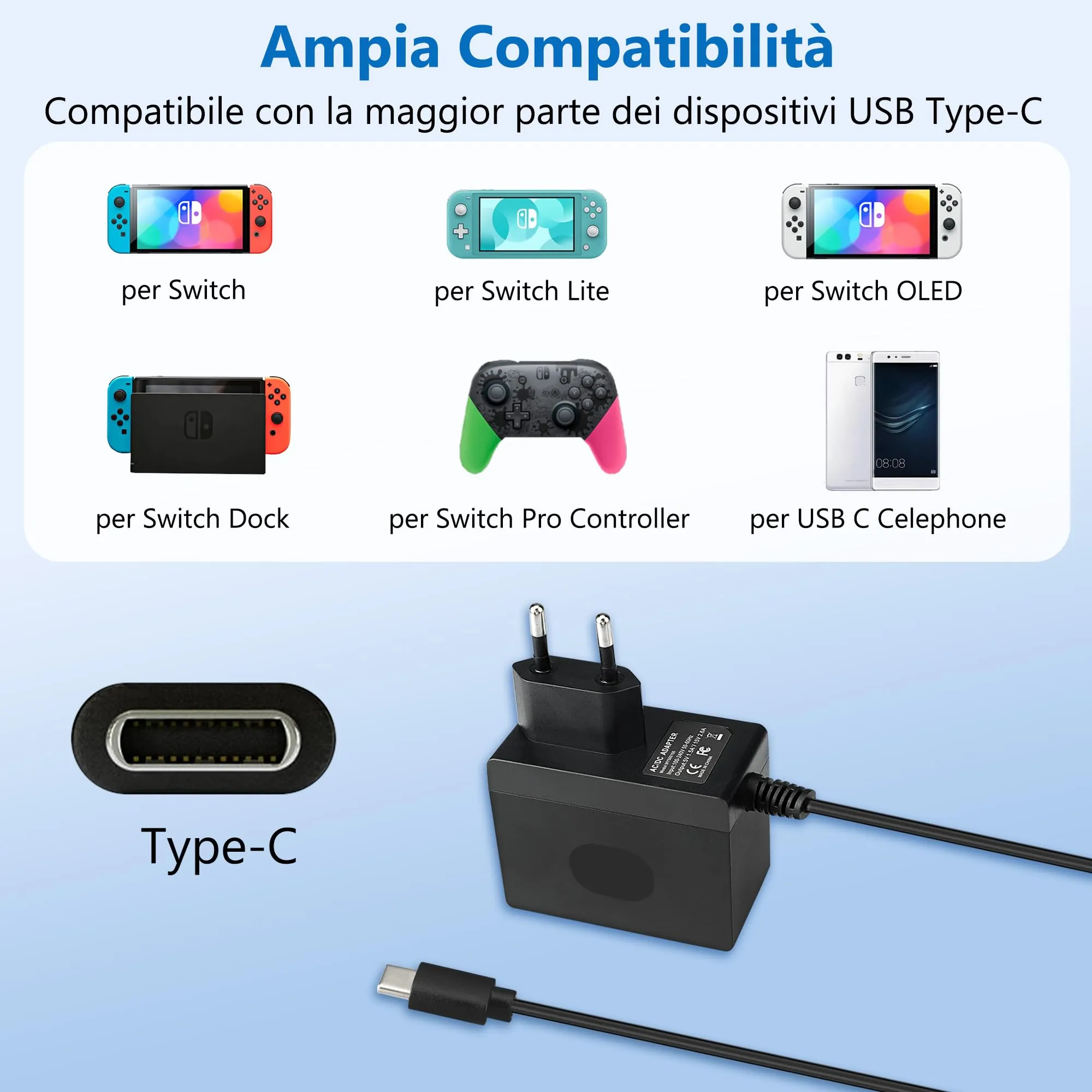 Xahpower 39W Caricatore per Nintendo Switch, Switch OLED, Switch Lite, Switch Dock e Pro Controller, Supporto Modalità TV, 1,5m - immagine 2