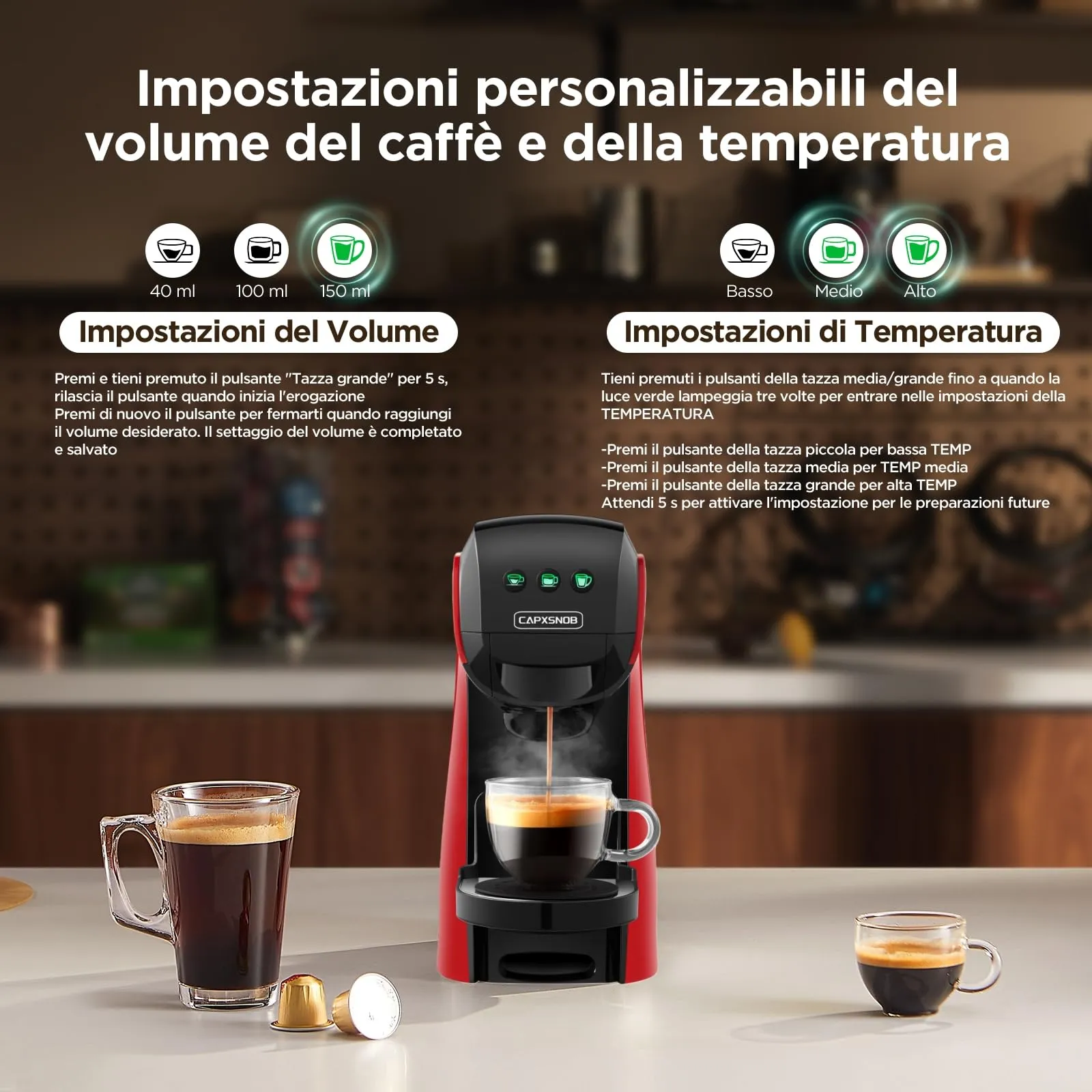 CAPXSNOB Warriors1 Macchina da Caffè Capsule 5in1 per Nespresso OL, Dolce Gusto, Lavazza A Modo Mio, FAP Espresso Point e Caffè Macinato, 20bar, 0,8L - immagine 6