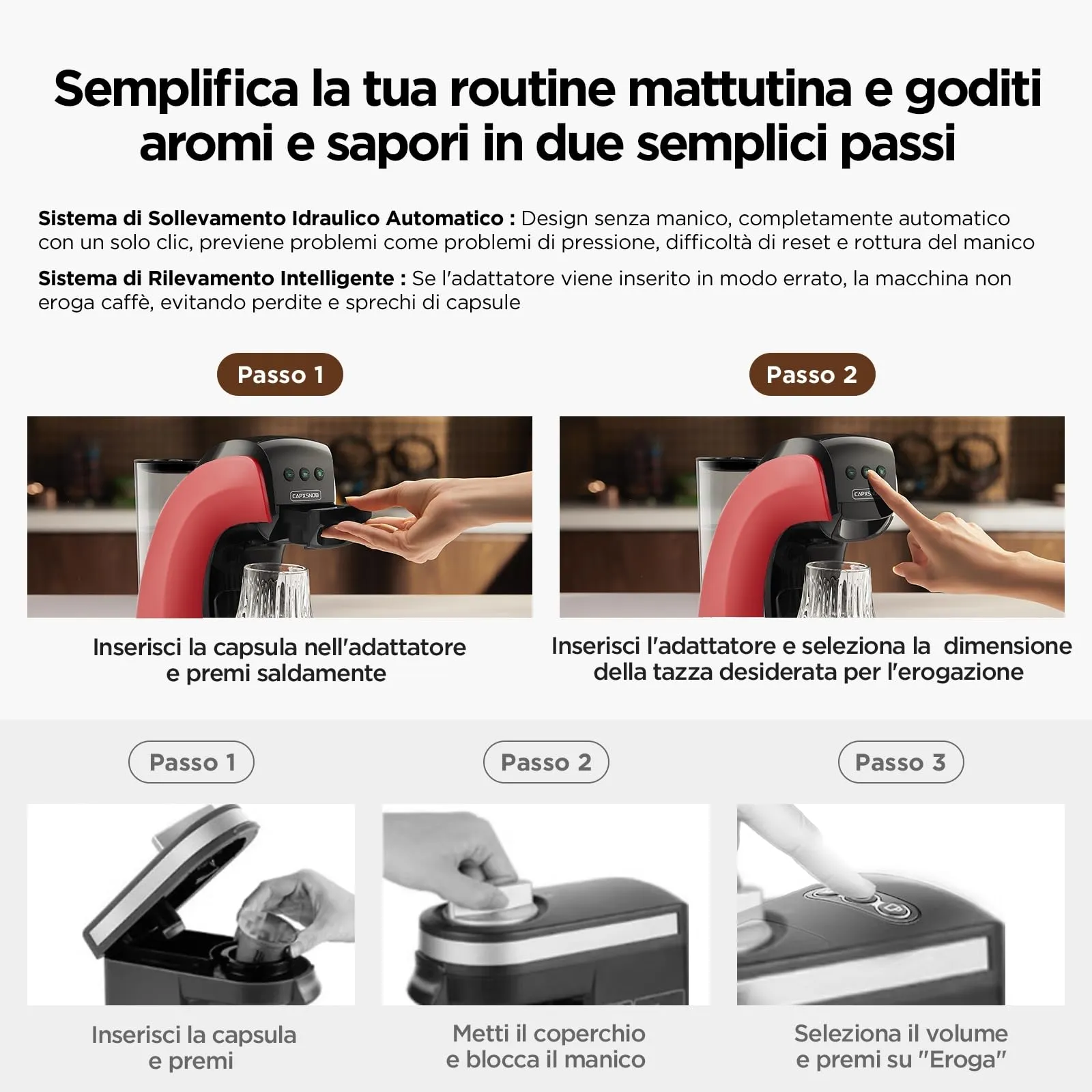 CAPXSNOB Warriors1 Macchina da Caffè Capsule 5in1 per Nespresso OL, Dolce Gusto, Lavazza A Modo Mio, FAP Espresso Point e Caffè Macinato, 20bar, 0,8L - immagine 7