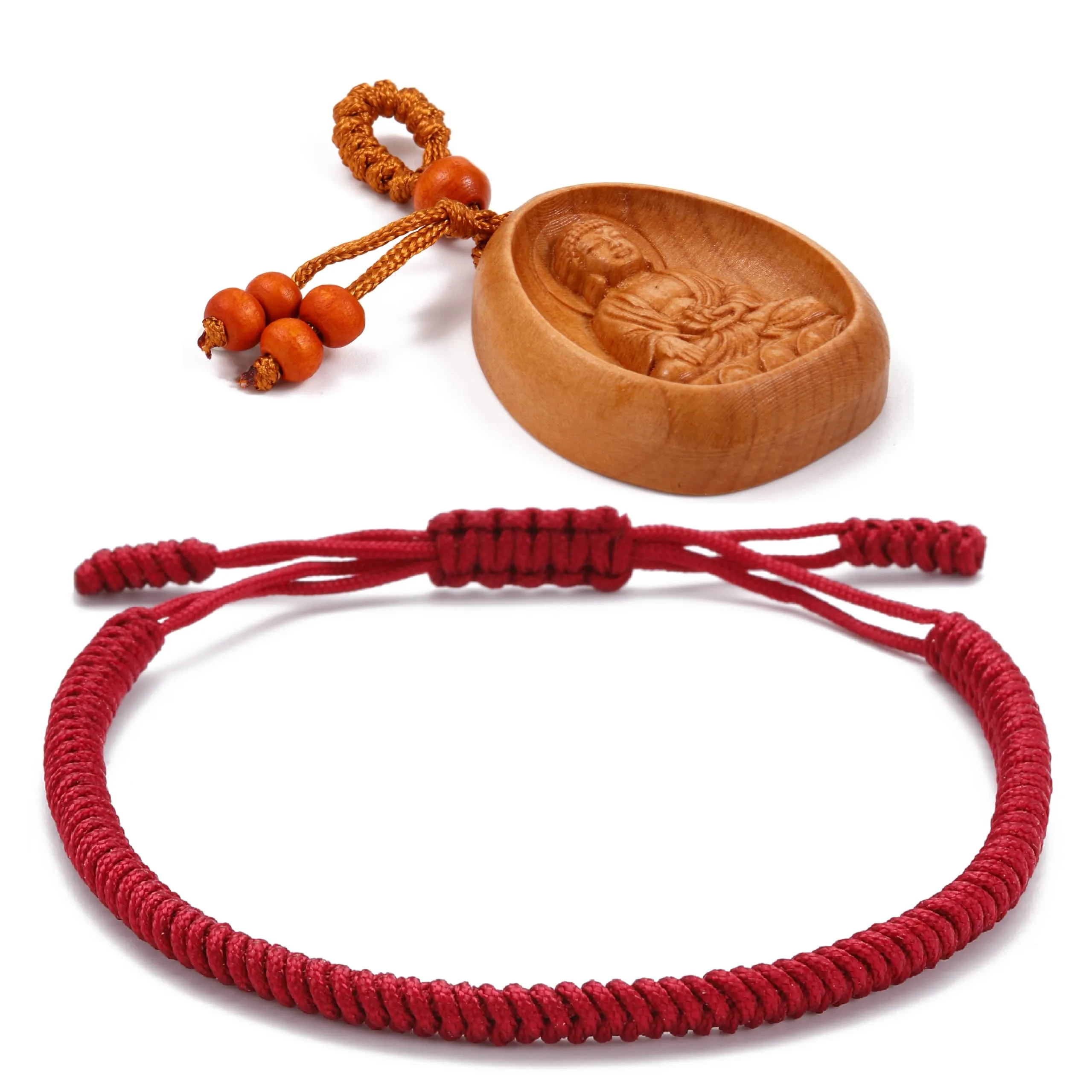 LUCKY BUDDHIST Bracciale Tibetano Buddista Regolabile in Corda Intrecciata con Portachiavi Buddha in Legno - immagine 1