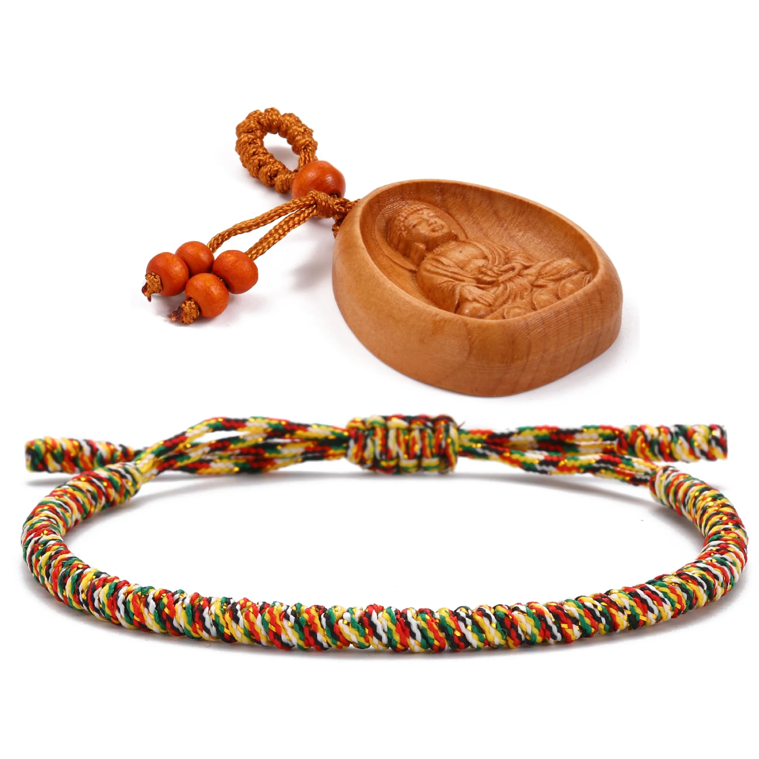 LUCKY BUDDHIST Bracciale Tibetano Buddista Regolabile in Corda Intrecciata per Uomo e Donna con Portachiavi Buddha in Legno - immagine 1