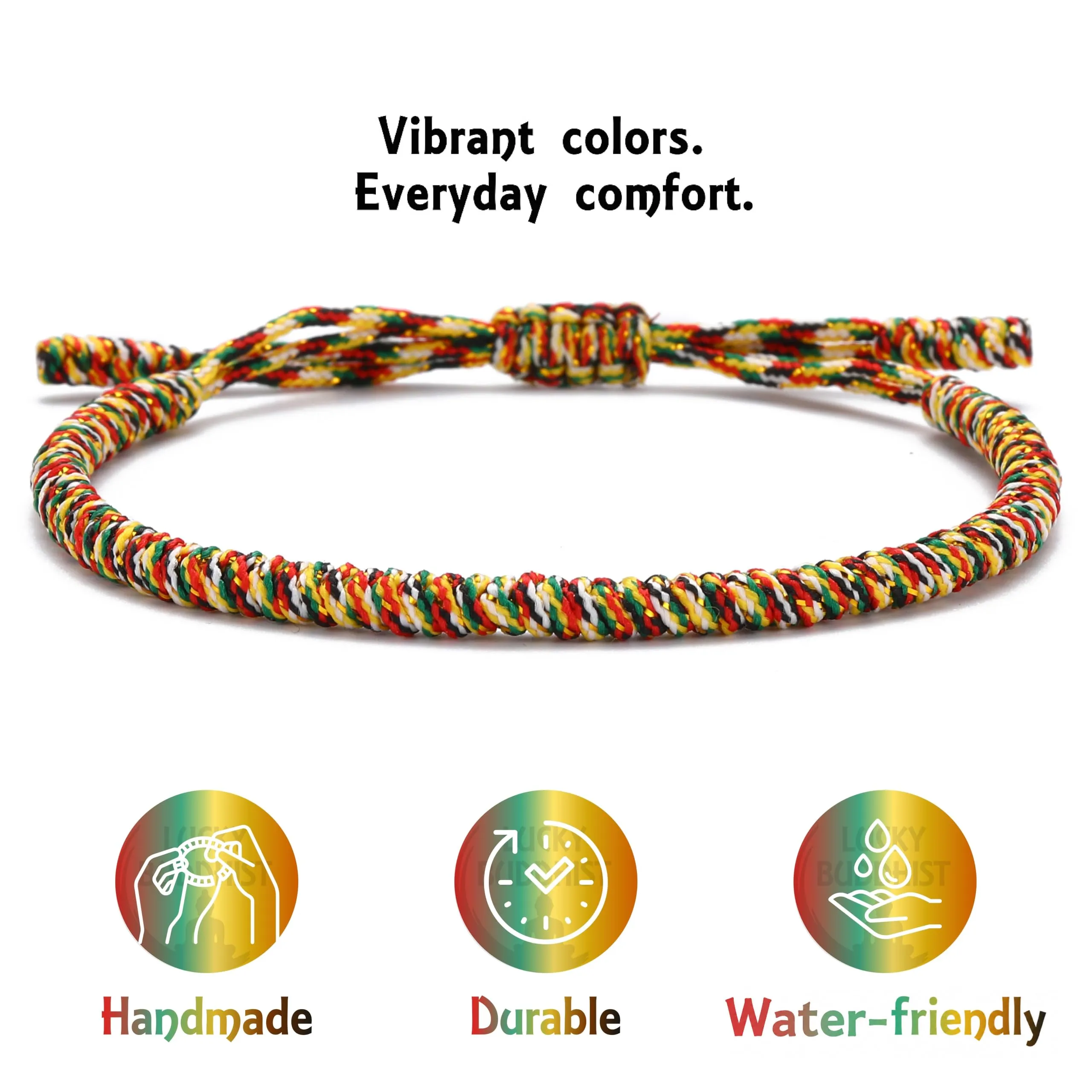 LUCKY BUDDHIST Bracciale Tibetano Buddista Regolabile in Corda Intrecciata per Uomo e Donna con Portachiavi Buddha in Legno - immagine 5