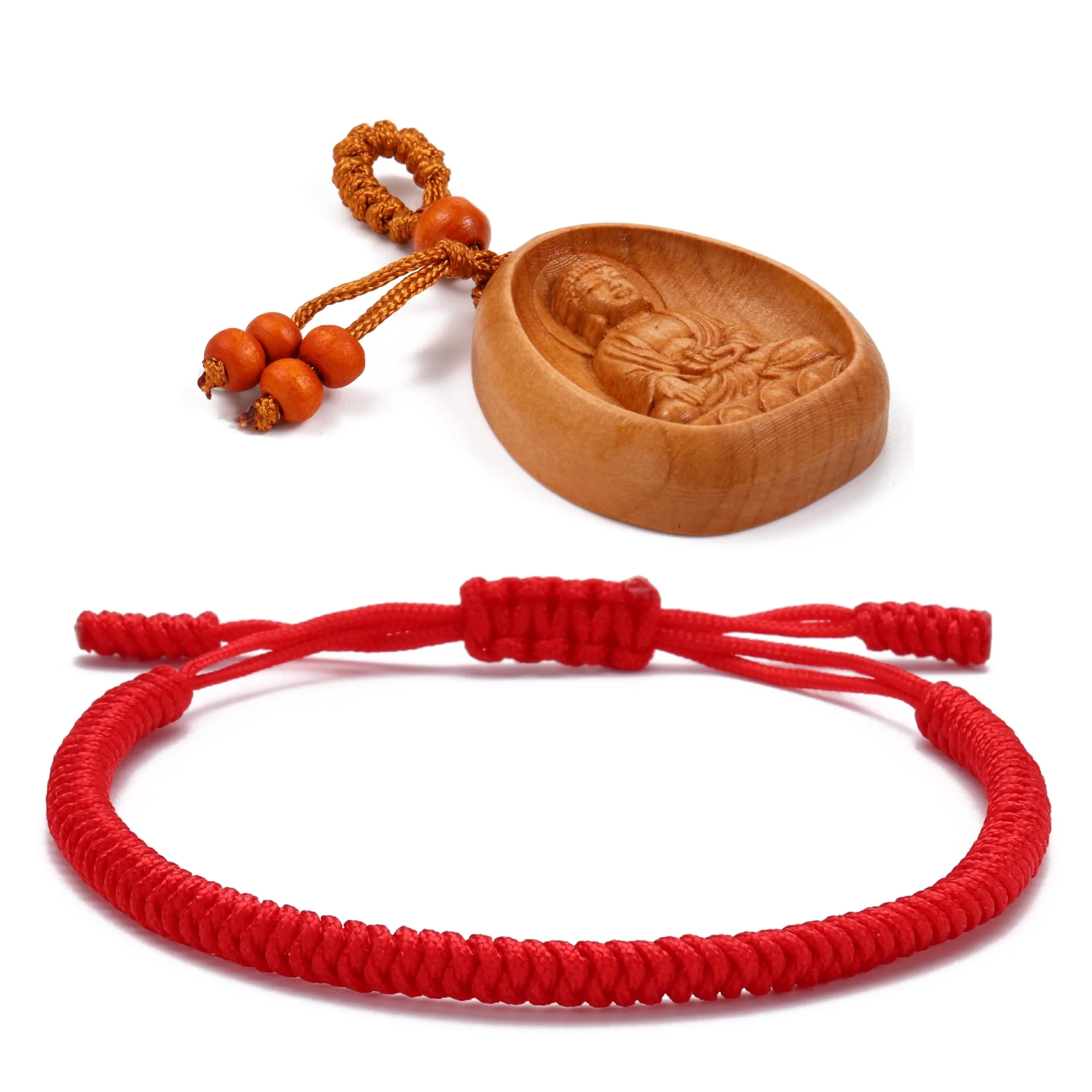 LUCKY BUDDHIST Bracciale Tibetano Buddista Regolabile in Corda Intrecciata con Portachiavi Buddha in Legno - immagine 1