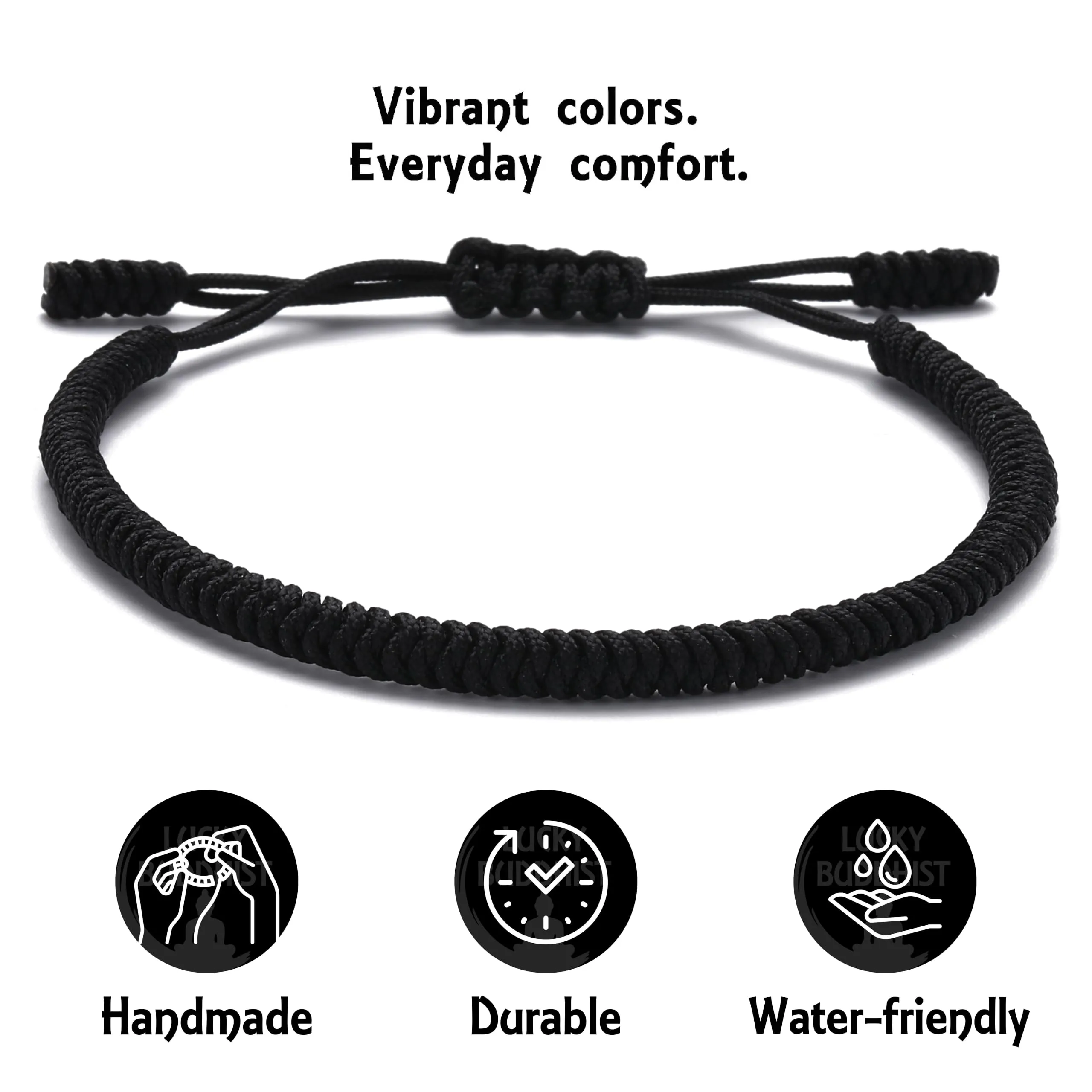 LUCKY BUDDHIST Bracciale Tibetano Buddista Regolabile in Corda Intrecciata con Portachiavi Buddha in Legno - immagine 5