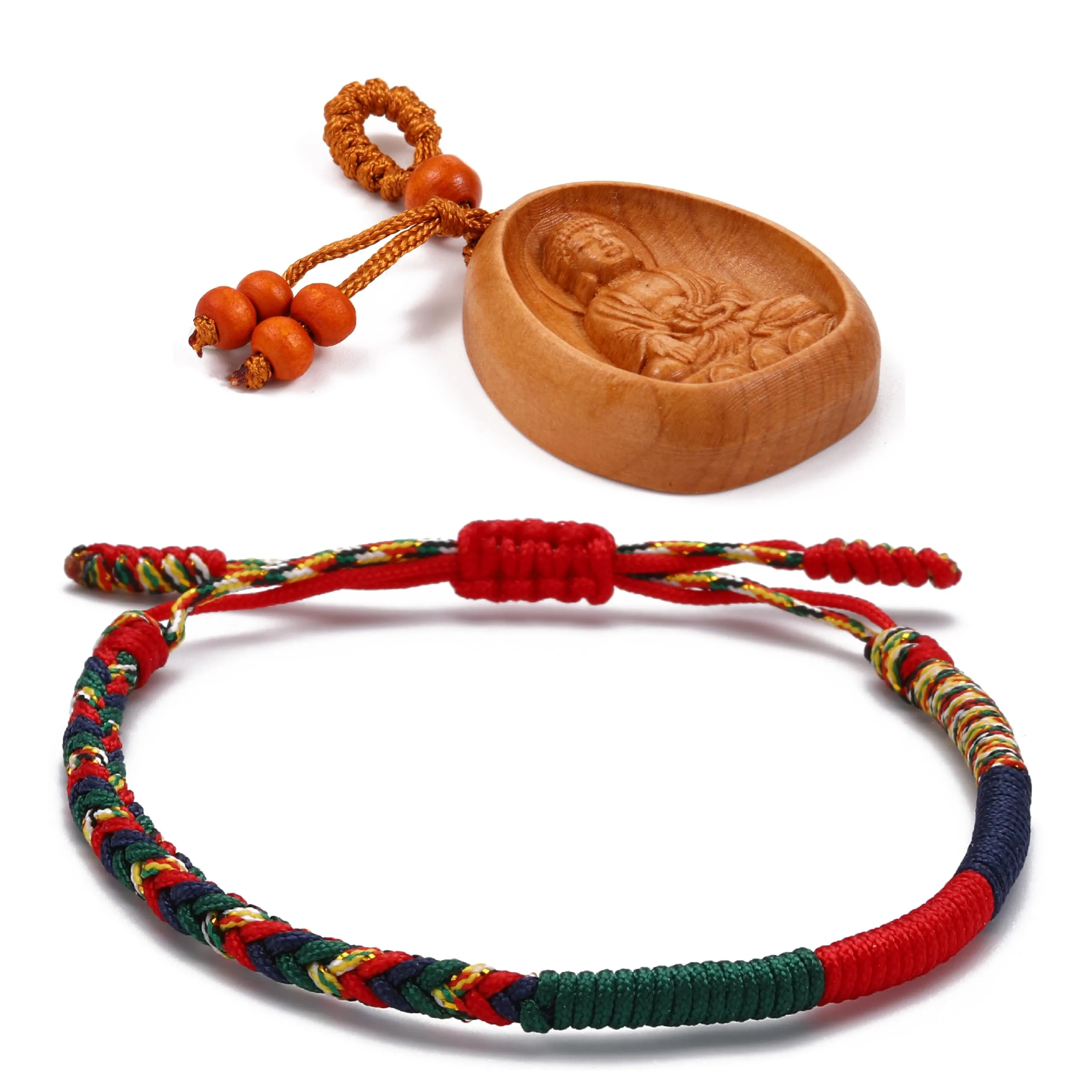 LUCKY BUDDHIST Bracciale Tibetano Buddista Regolabile in Corda Intrecciata con Portachiavi Buddha in Legno - immagine 1