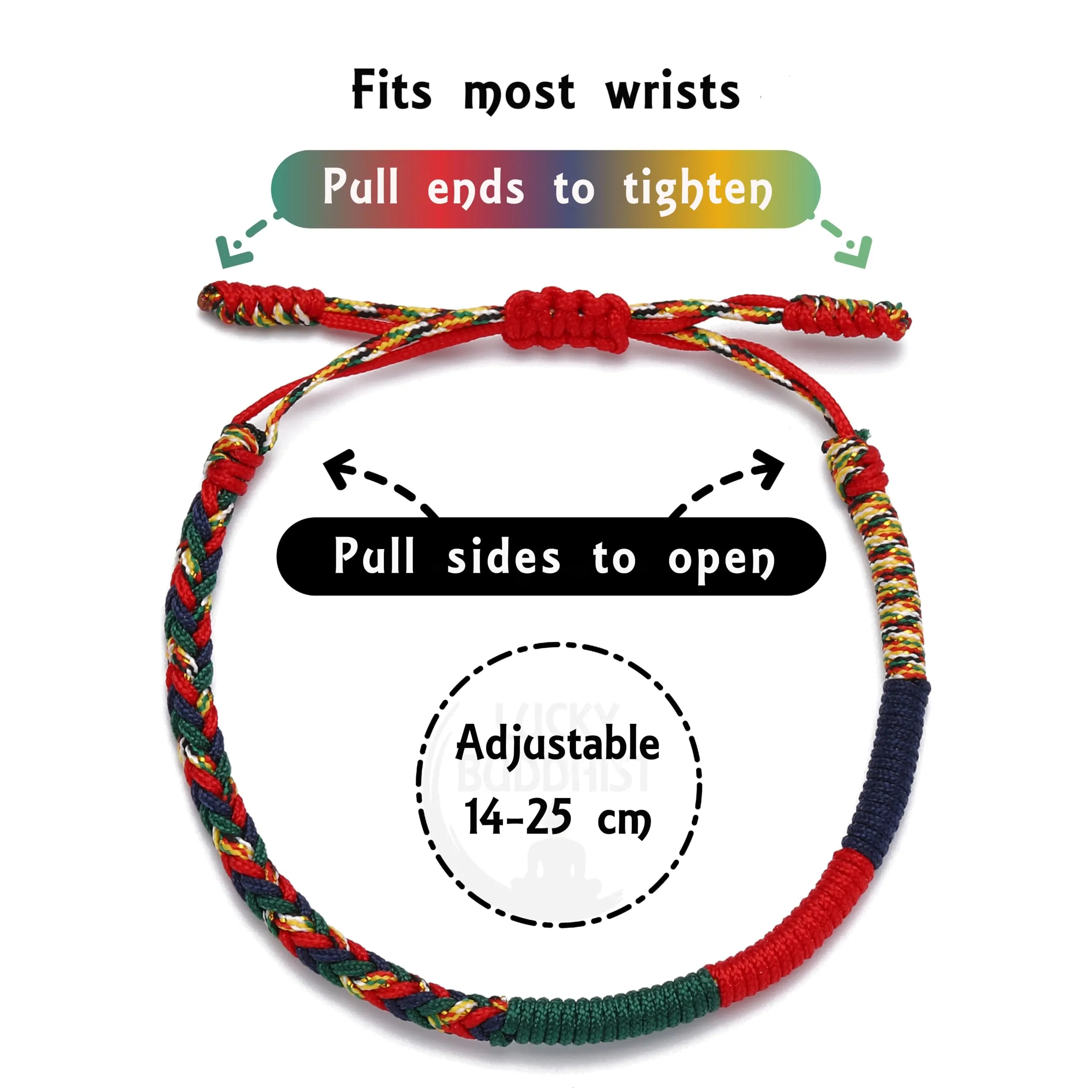 LUCKY BUDDHIST Bracciale Tibetano Buddista Regolabile in Corda Intrecciata con Portachiavi Buddha in Legno - immagine 4