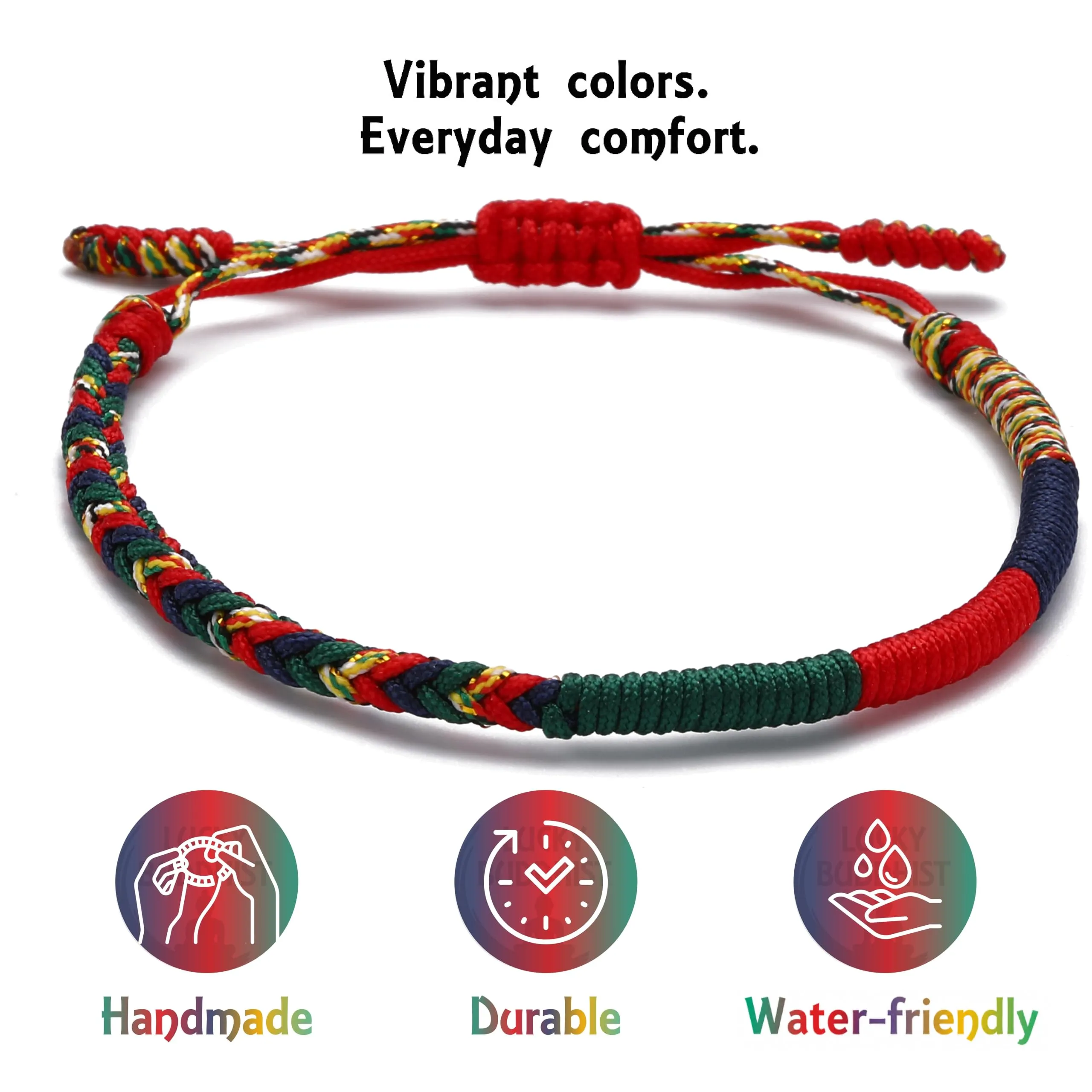LUCKY BUDDHIST Bracciale Tibetano Buddista Regolabile in Corda Intrecciata con Portachiavi Buddha in Legno - immagine 5
