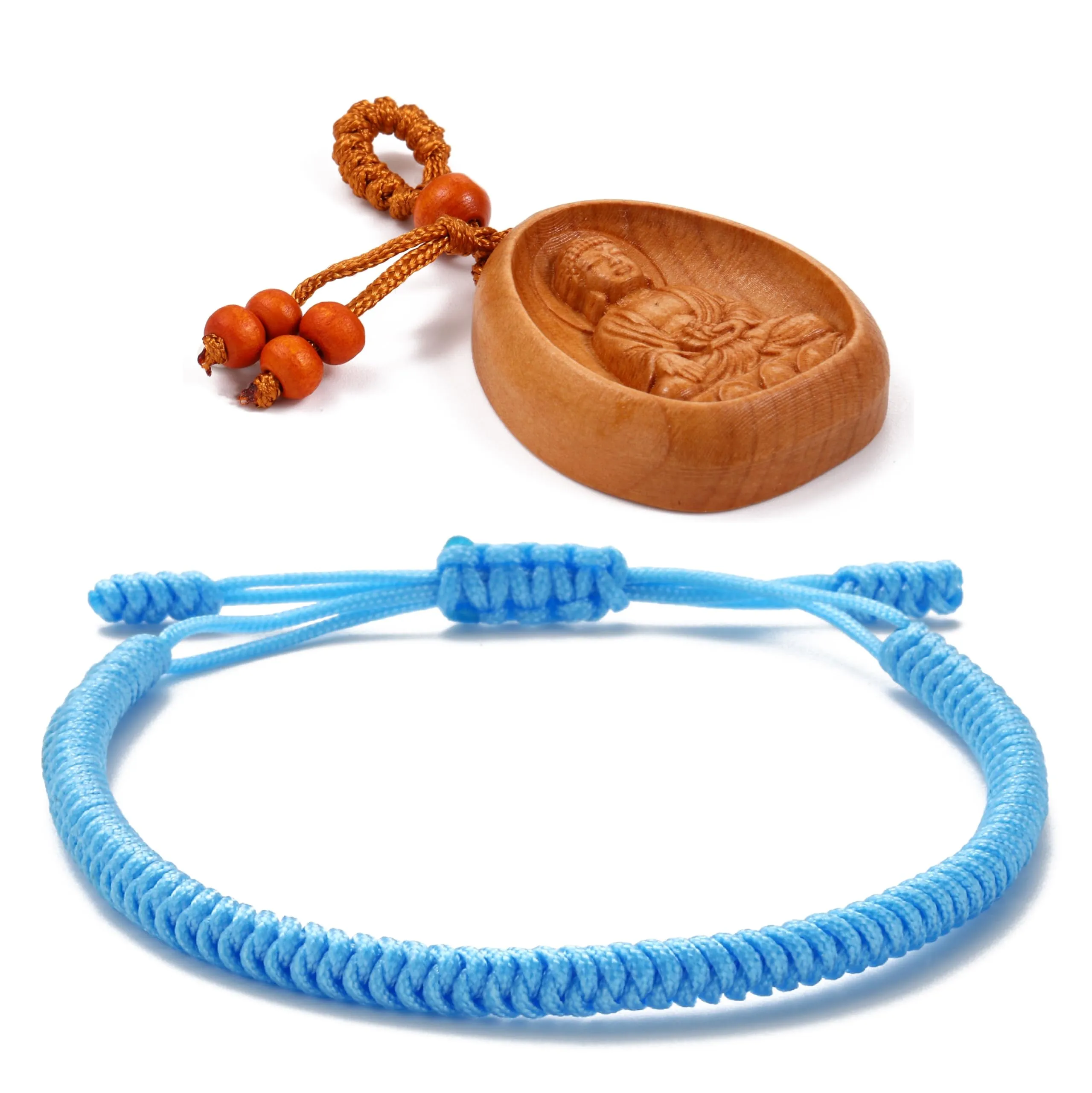 LUCKY BUDDHIST Bracciale Tibetano Buddista Regolabile in Corda Intrecciata con Portachiavi Buddha in Legno - immagine 1