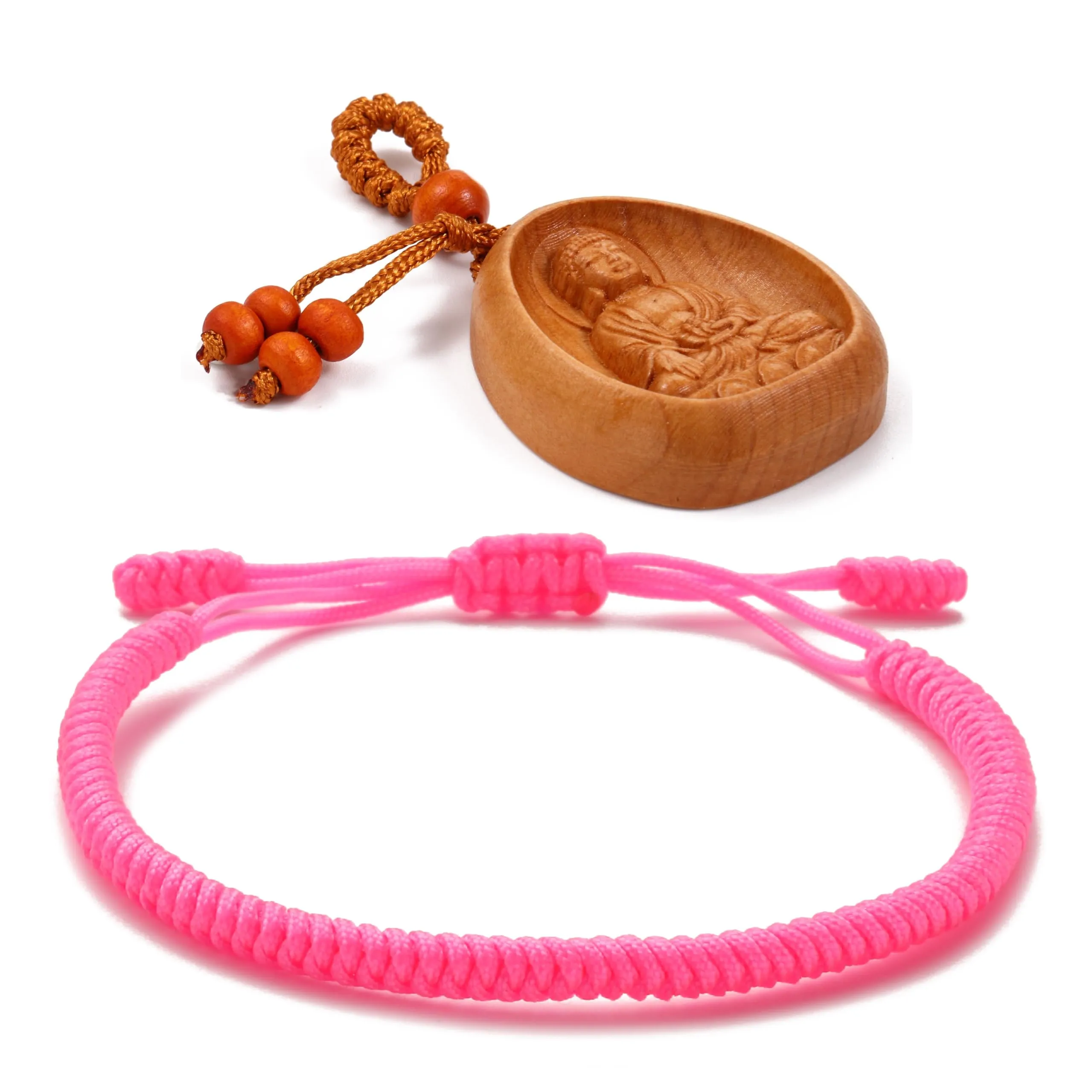 LUCKY BUDDHIST Bracciale Tibetano Buddista Regolabile in Corda Intrecciata con Portachiavi Buddha in Legno - immagine 1