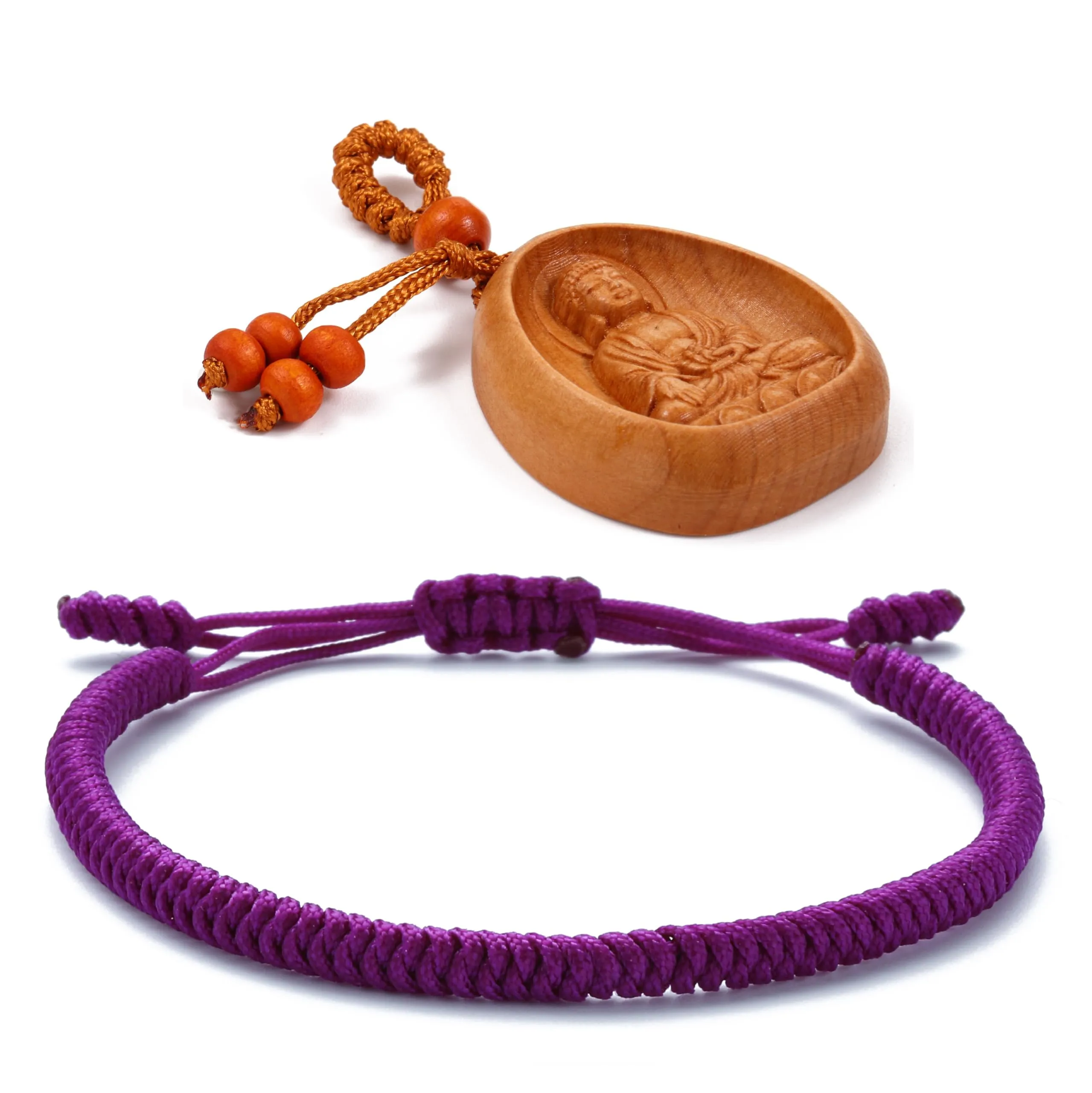 LUCKY BUDDHIST Bracciale Tibetano Buddista Regolabile in Corda Intrecciata con Portachiavi Buddha in Legno - immagine 1