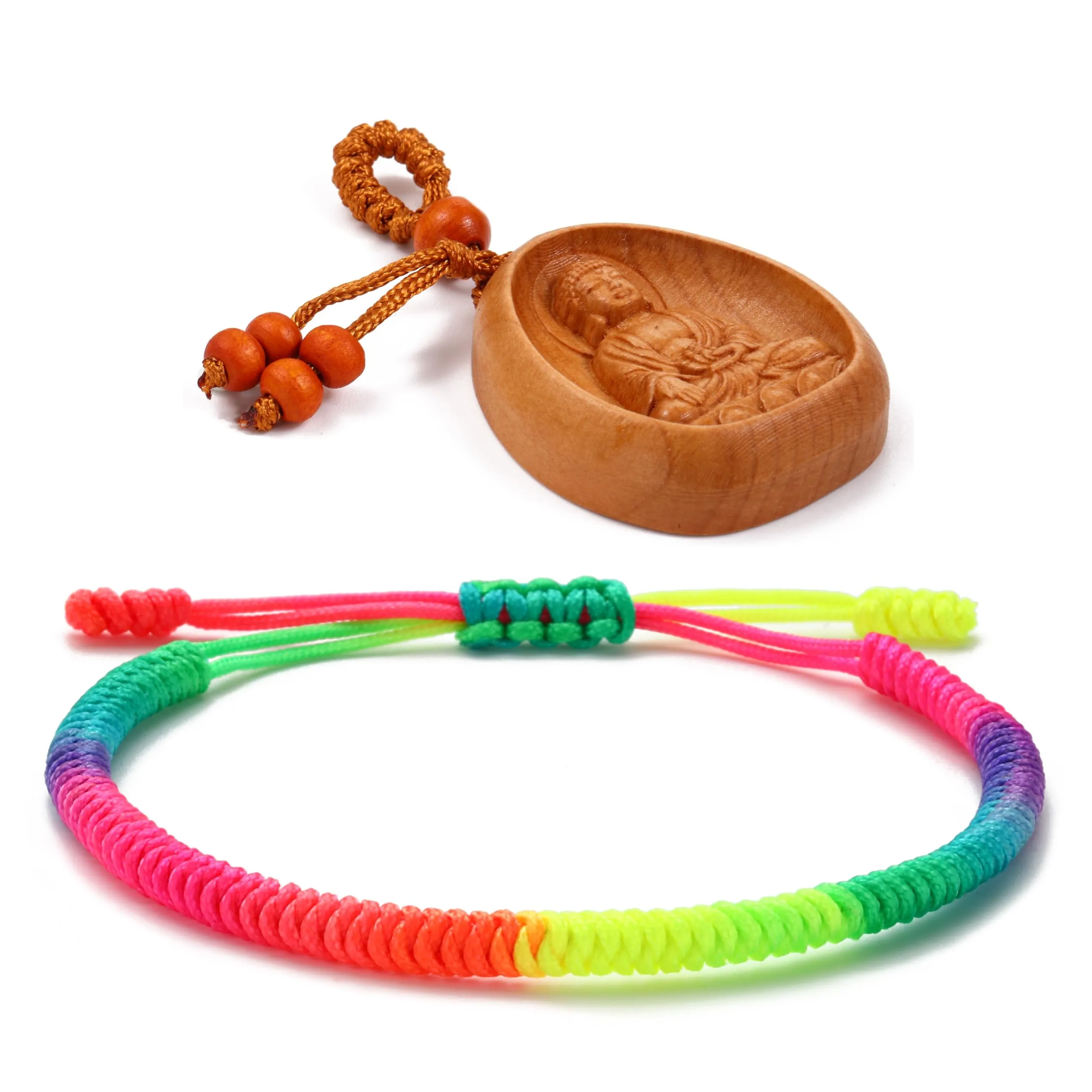 LUCKY BUDDHIST Bracciale Tibetano Buddista Regolabile in Corda Intrecciata con Portachiavi Buddha in Legno - immagine 1