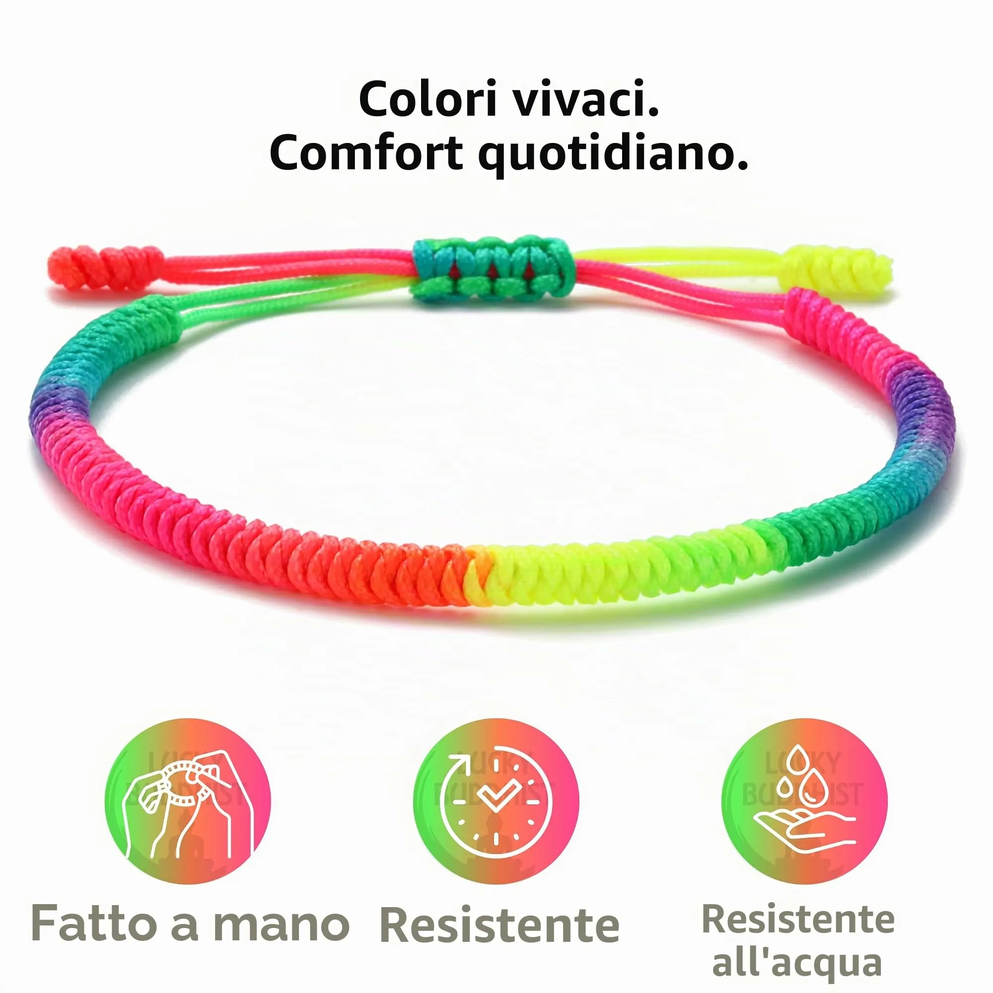 LUCKY BUDDHIST Bracciale Tibetano Buddista Regolabile in Corda Intrecciata con Portachiavi Buddha in Legno - immagine 5