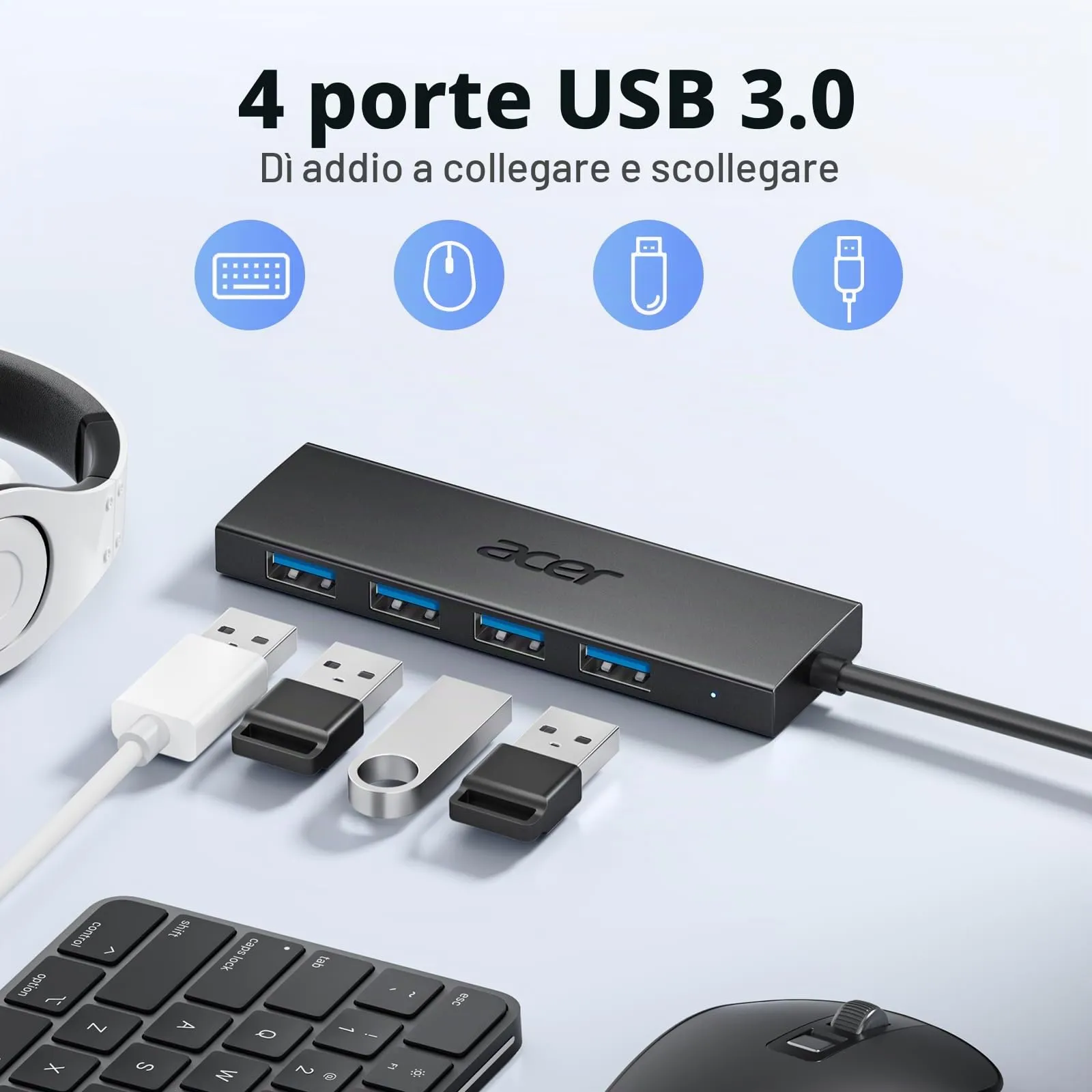 Acer Hub USB-C 3.0 con 5 porte, 4 Porte Dati 5Gbps, 60cm - immagine 2