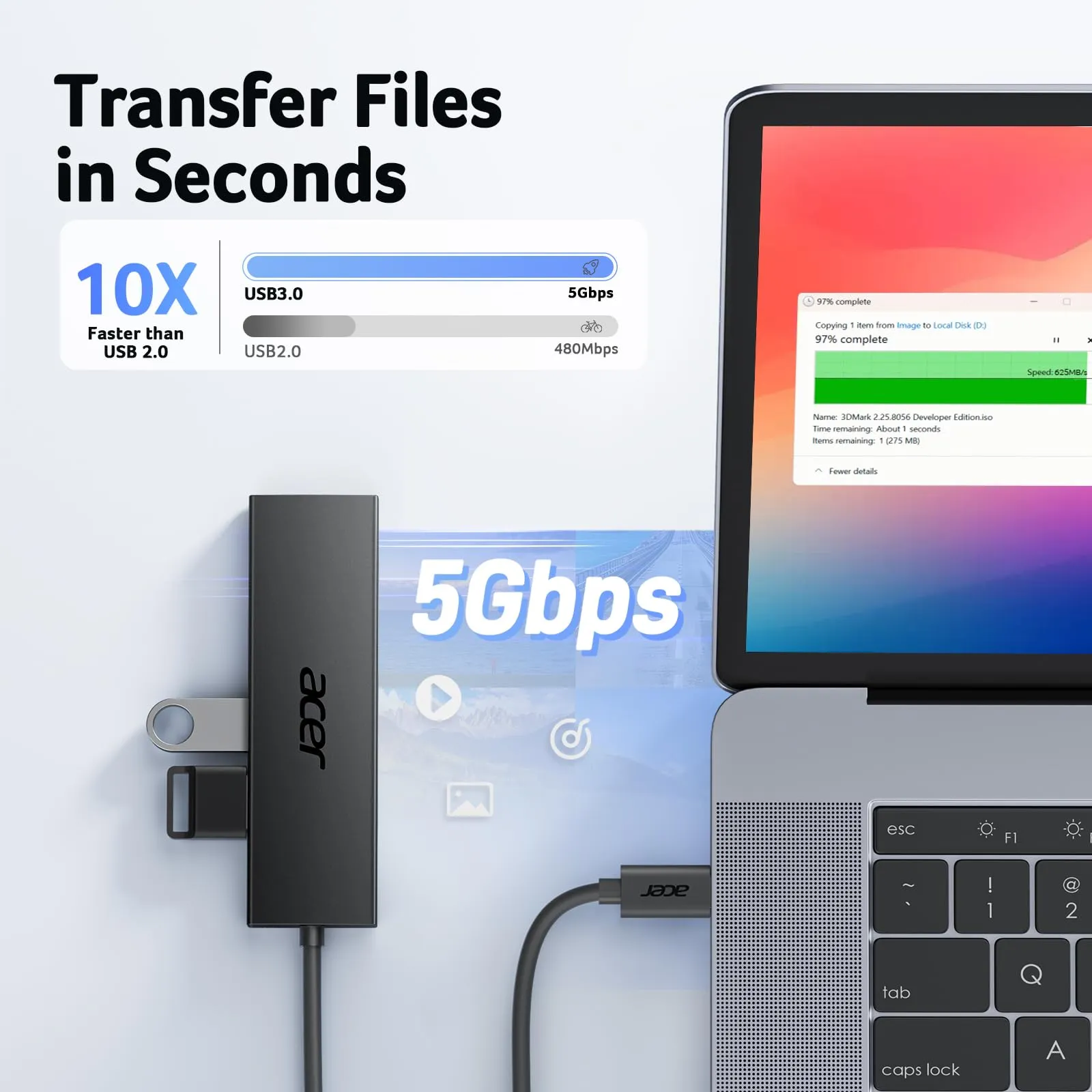 Acer Hub USB-C 3.0 con 5 porte, 4 Porte Dati 5Gbps, 60cm - immagine 3
