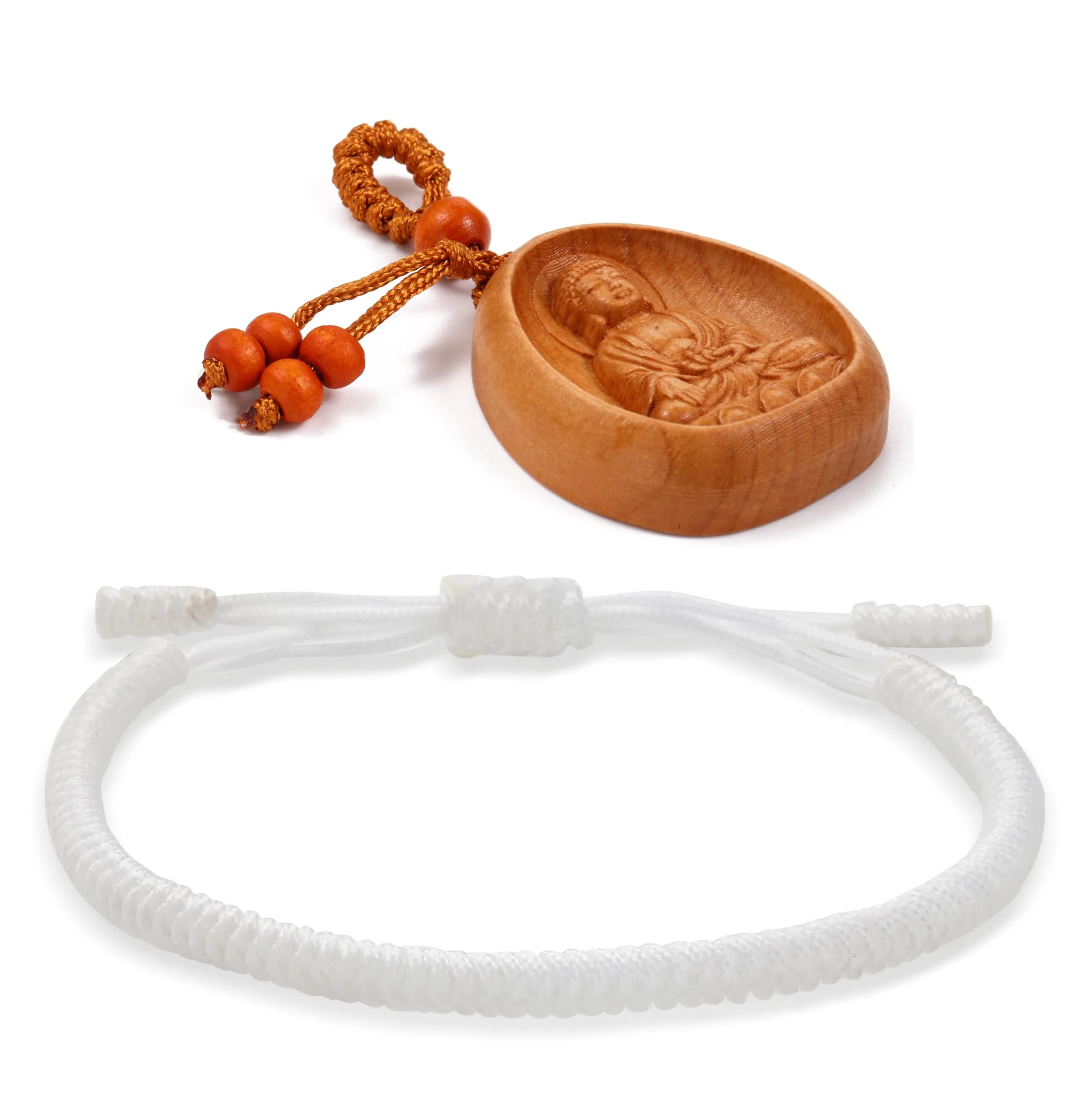 LUCKY BUDDHIST Bracciale Tibetano Buddista Regolabile in Corda Intrecciata con Portachiavi Buddha in Legno - immagine 1