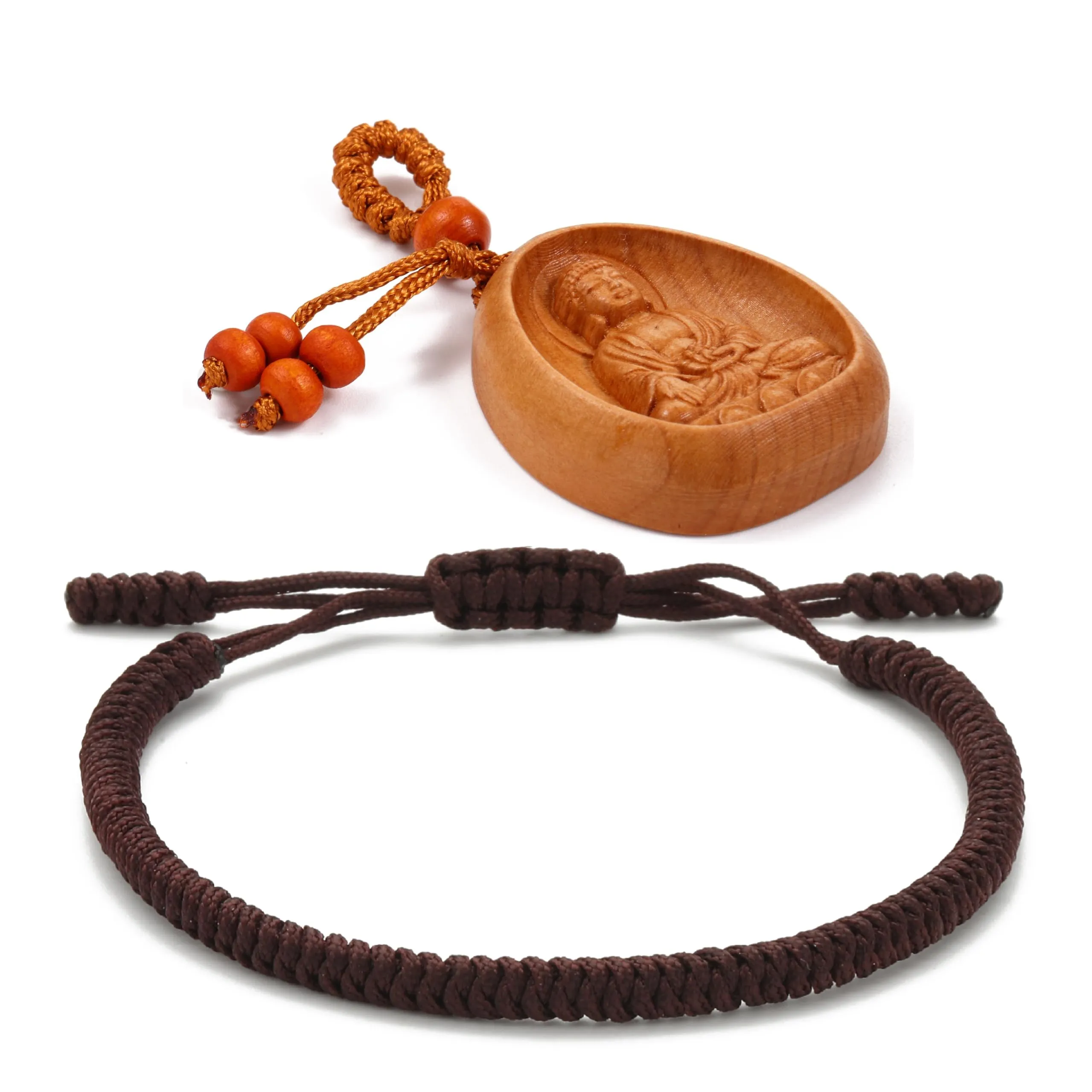 LUCKY BUDDHIST Bracciale Tibetano Buddista Regolabile in Corda Intrecciata con Portachiavi Buddha in Legno - immagine 1