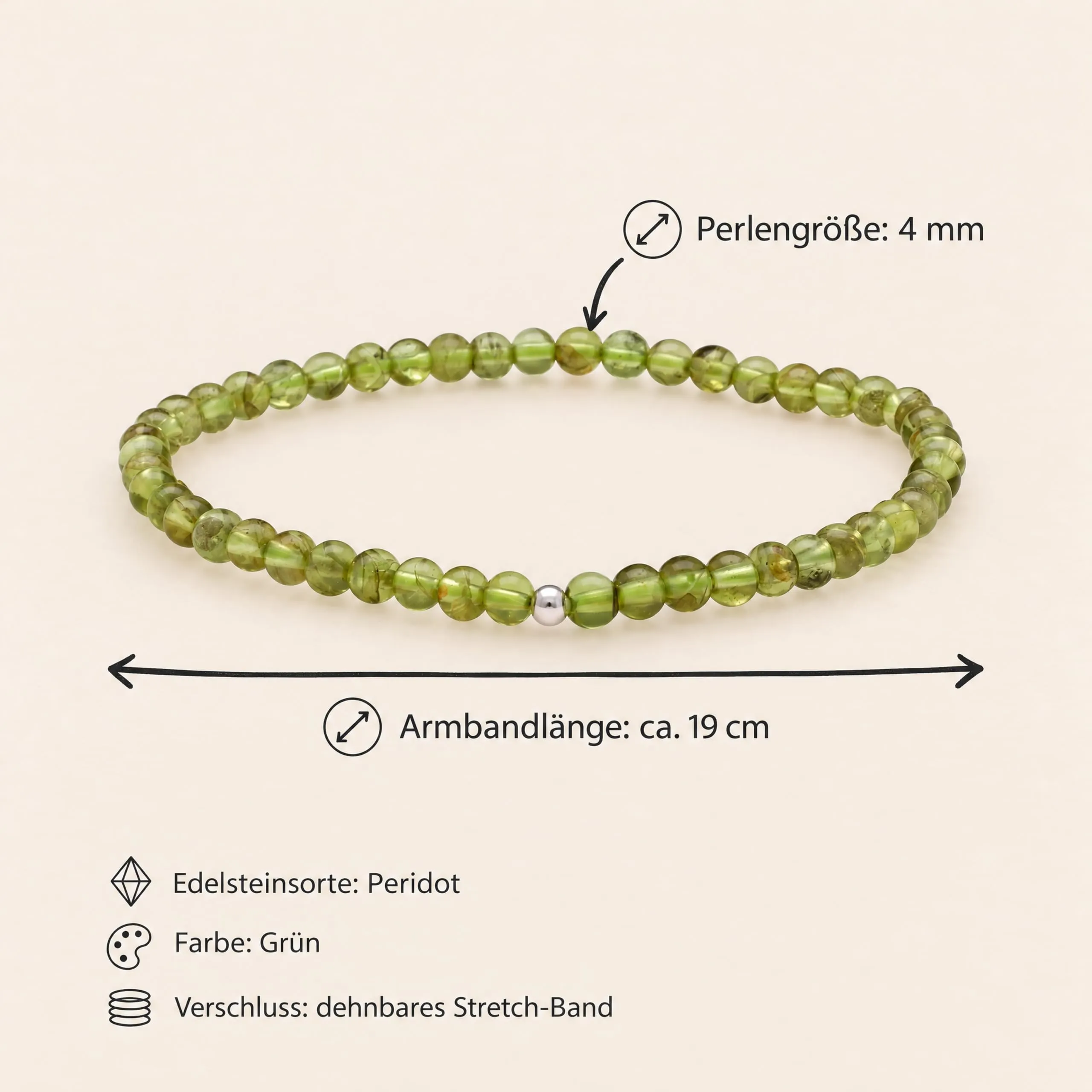 Lebensquelle Plus Bracciale in Peridoto e Argento 925, sfere 4 mm, 19 cm - immagine 3