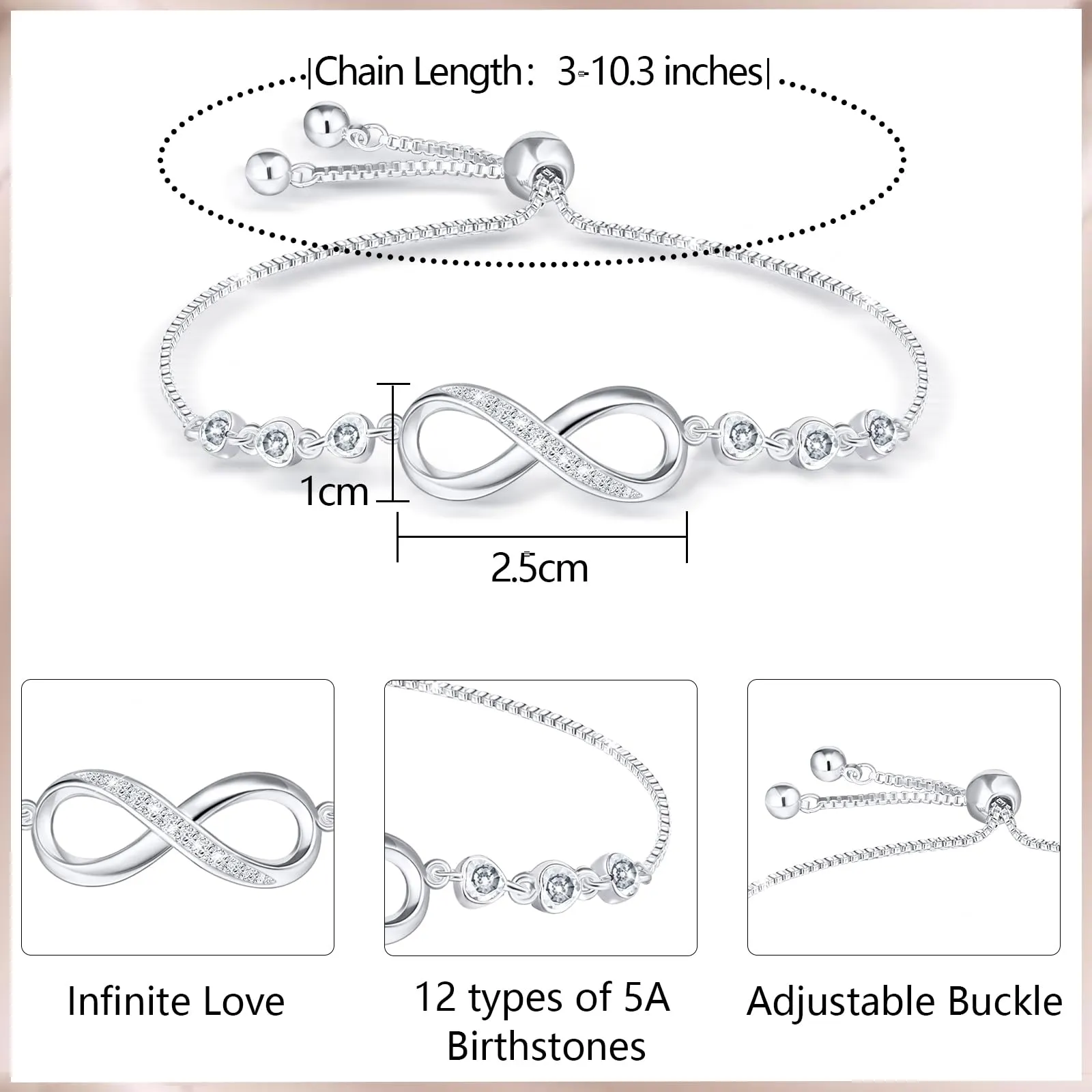 Esmoly Bracciale Donna Argento Infinito con Cuore e Zircone Regolabile (06) - immagine 4
