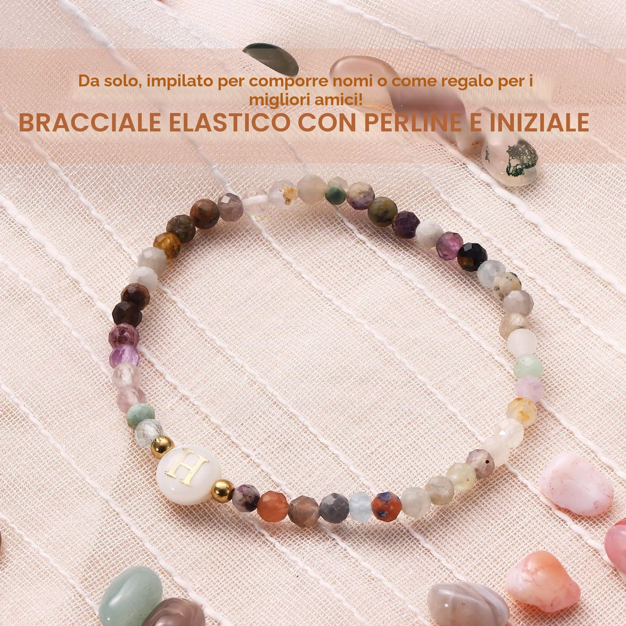 BodyBonita Braccialetti con Iniziale H in Pietra Naturale e Madreperla Sintetica, Elastico, 16,5 cm - immagine 2