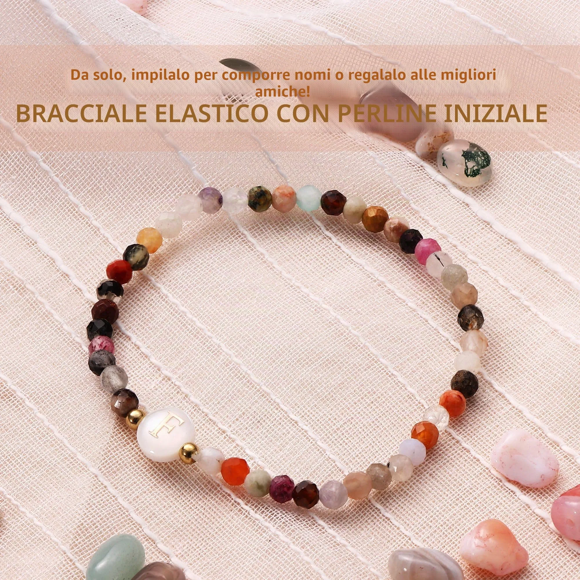 BodyBonita Braccialetti con Iniziale F in Pietra Naturale e Madreperla Sintetica, Elastico, 16,5 cm - immagine 2
