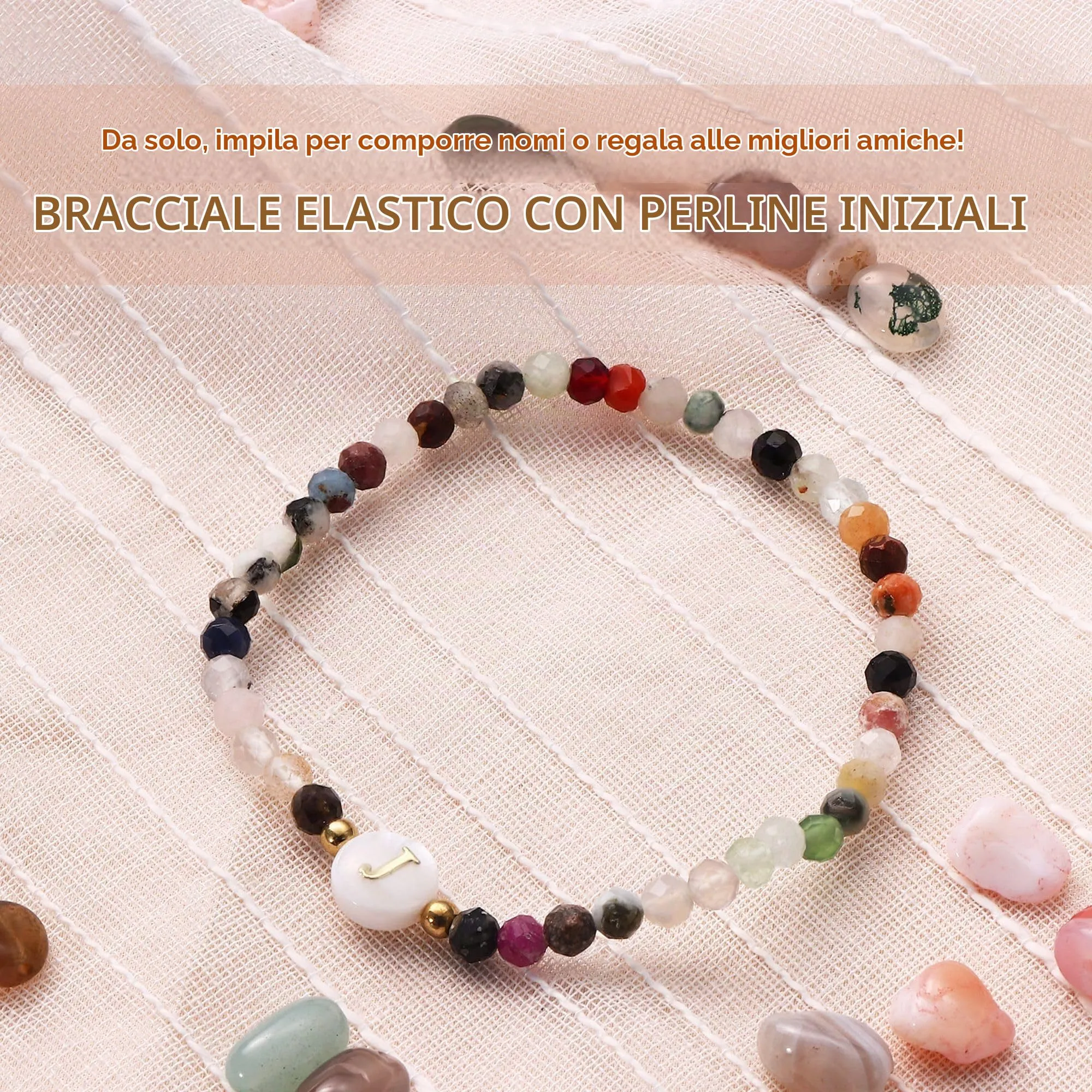 BodyBonita Braccialetti con Iniziale J in Pietra Naturale e Madreperla Sintetica, Elastico, 16.5 cm - immagine 2